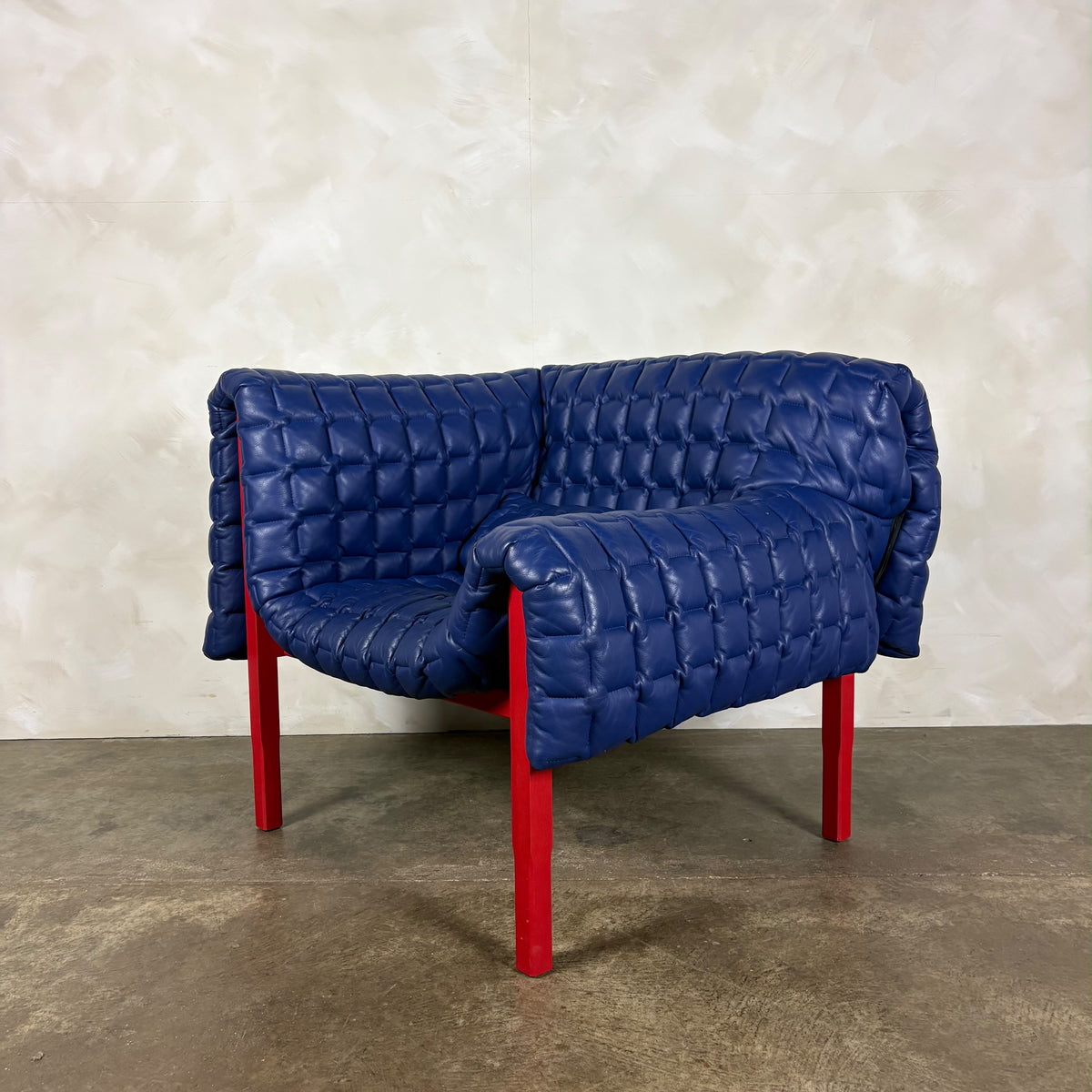 Ligne Roset Ruché Three Seater Sofa & Armchair By Inga Sempé In Blue Leather & Red Frame Vintage Retro