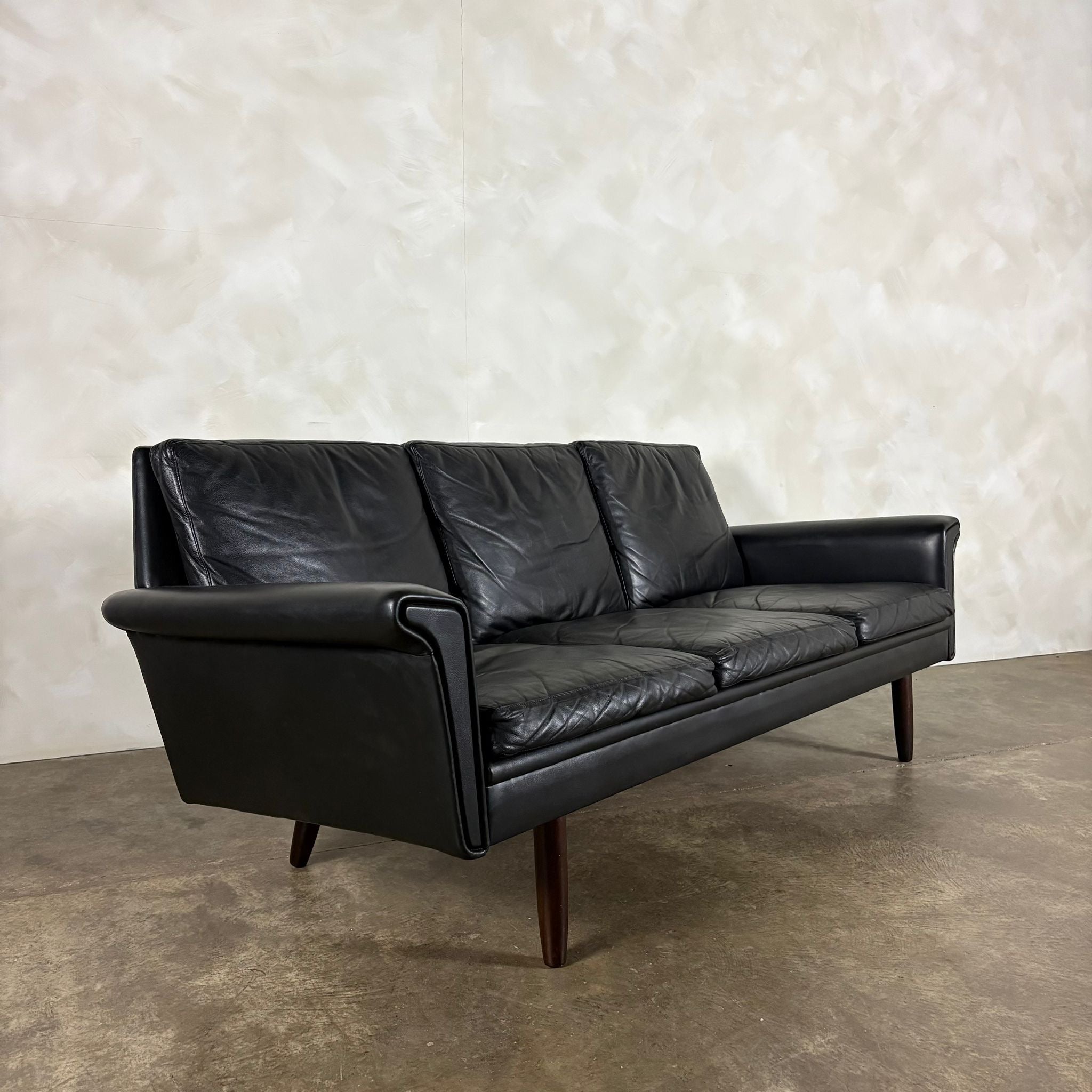 Black Leather Three Seater Sofa Danish 1960s Mid Century Vintage Retro MCM