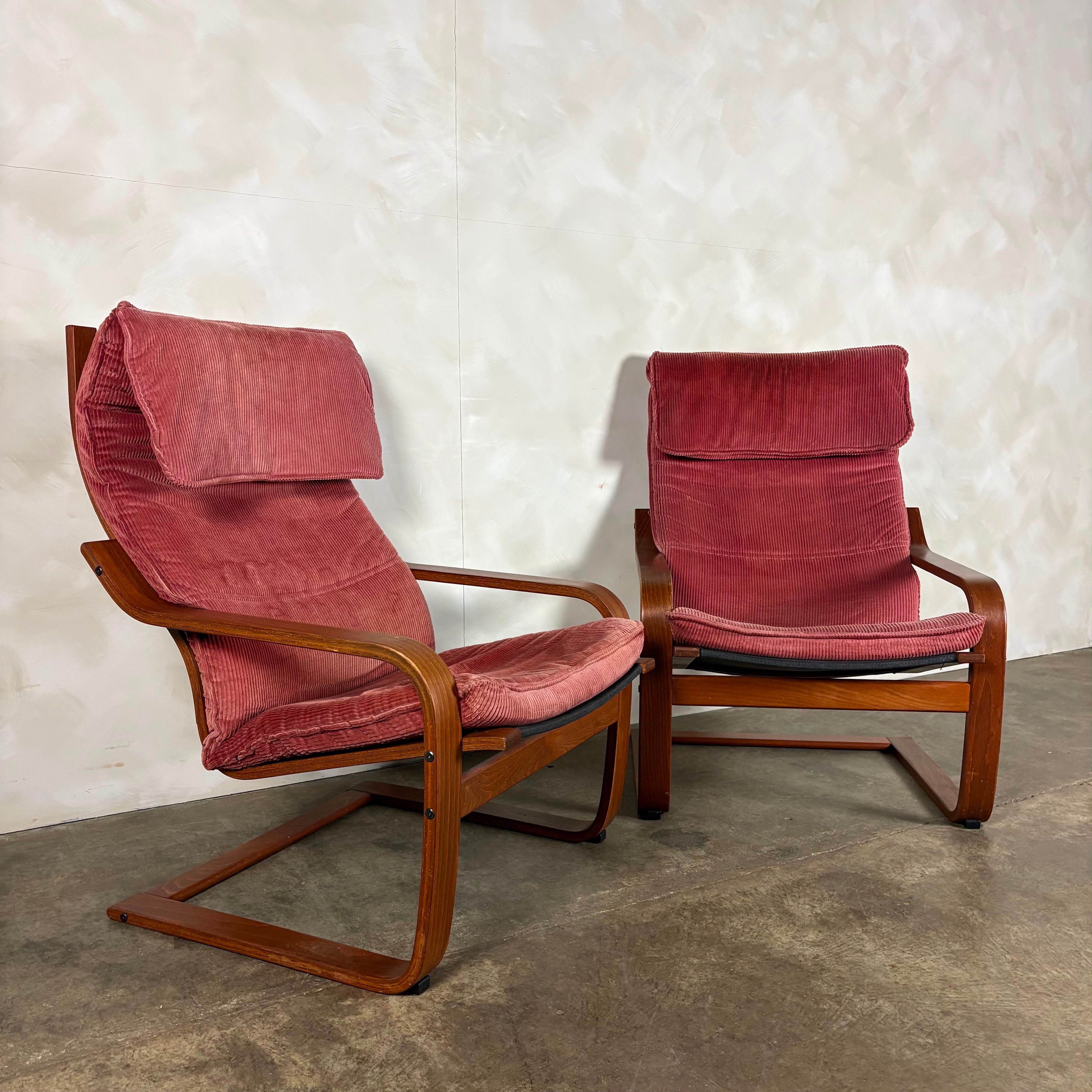 Pair Of Vintage Ikea Poäng Poem Armchairs Pink Corduroy Mid Century Retro MCM