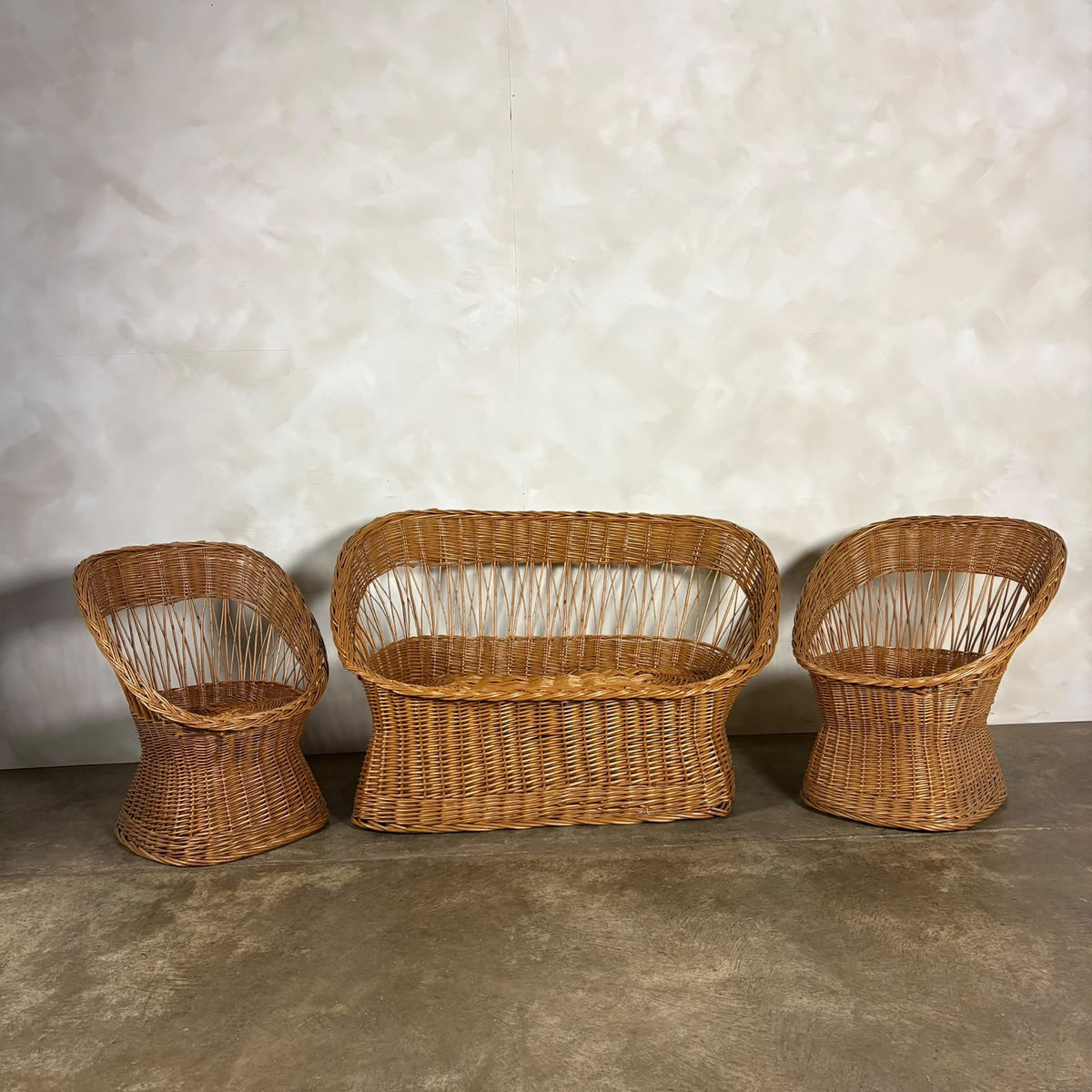 1970s Rattan Sofa & Pair Of Lounge Chairs Mid Century Vintage Retro MCM