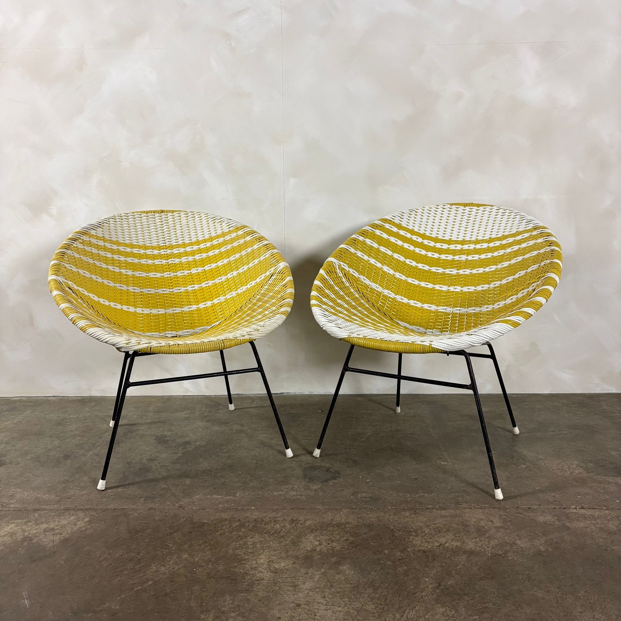 Pair Of Matching Mid Century Sputnik Yellow & White Lounge Chairs Vintage Retro MCM