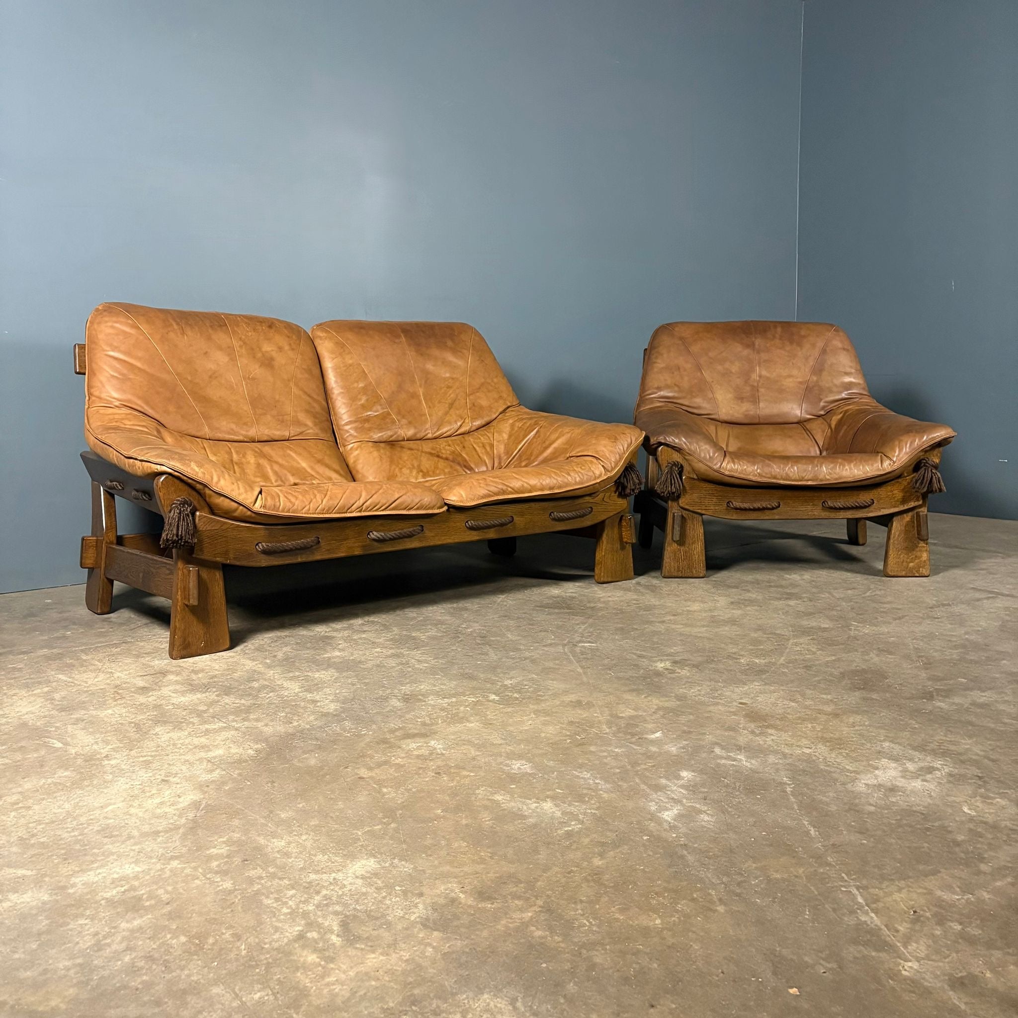Brutalist Leather Two Seater Sofa & Matching Armchair Percival Lafer Style Mid Century Vintage Retro MCM