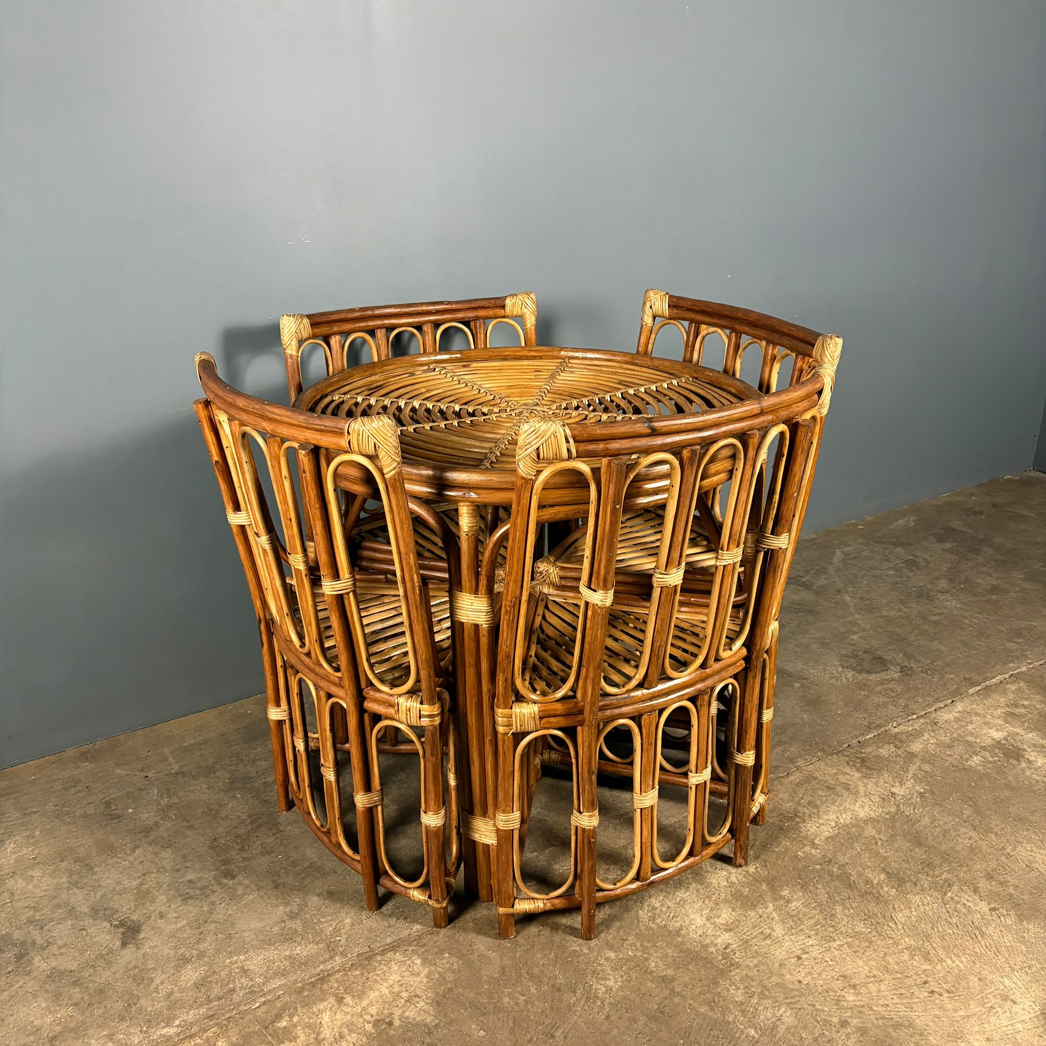 Dining Table & Four Matching Chairs Bamboo Cane Rattan Mid Century Vintage Retro MCM