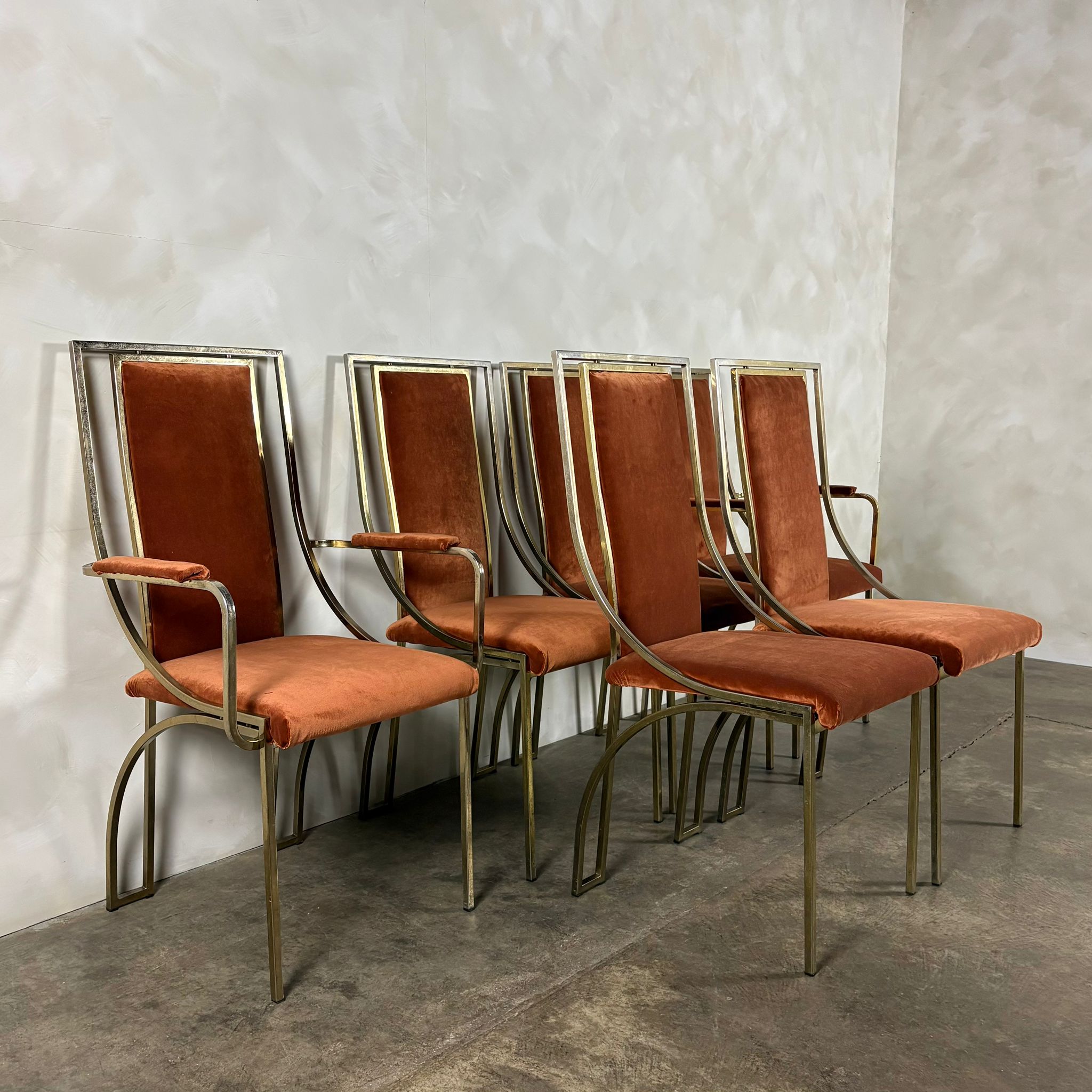Six Italian Renato Zevi Orange Brass Dining Chairs 1970s Mid Century Vintage Retro MCM