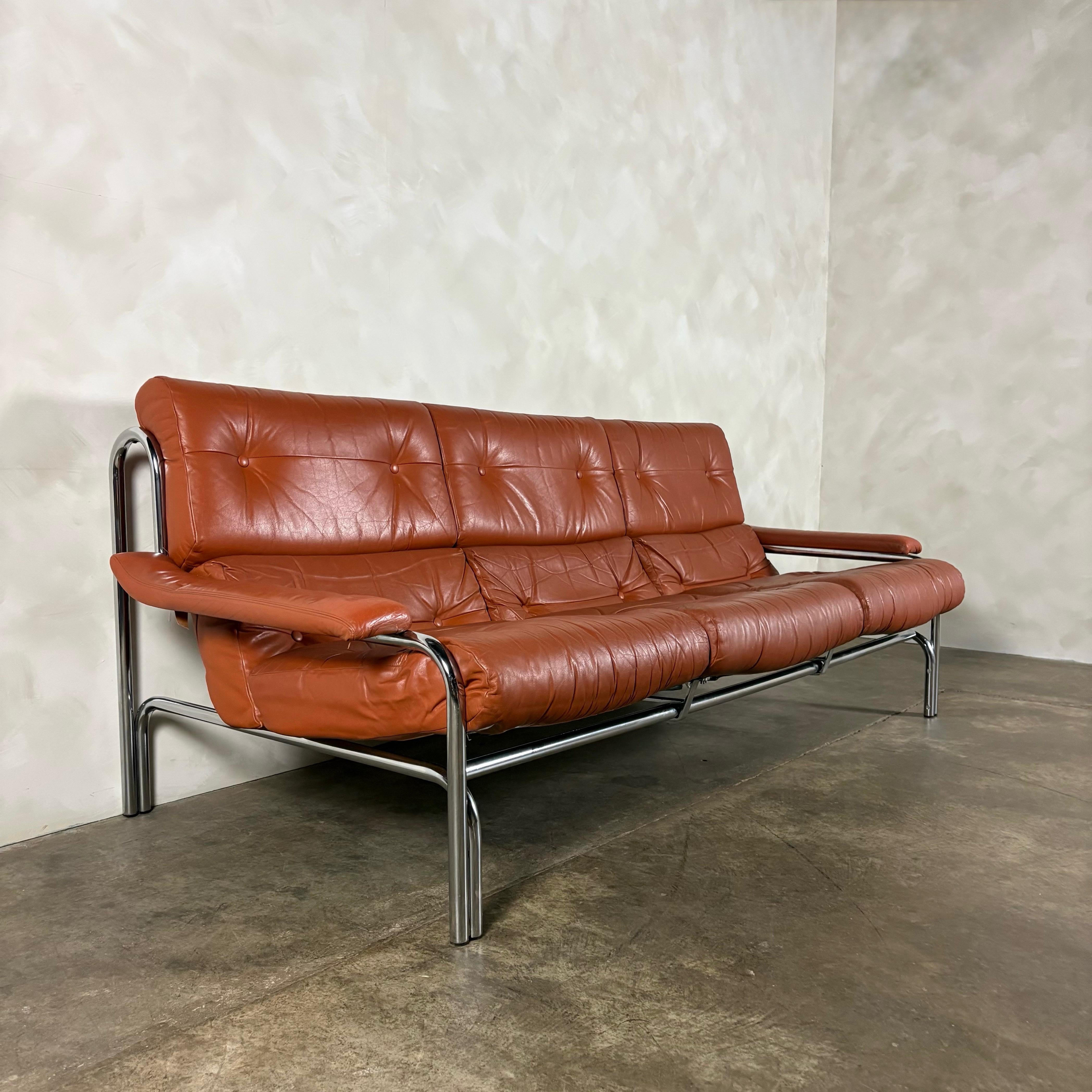 Mid Century Pieff Alpha Tan Brown Leather Three Seater Sofa & Two Swivel Lounge Chairs With Footstool Vintage Retro MCM