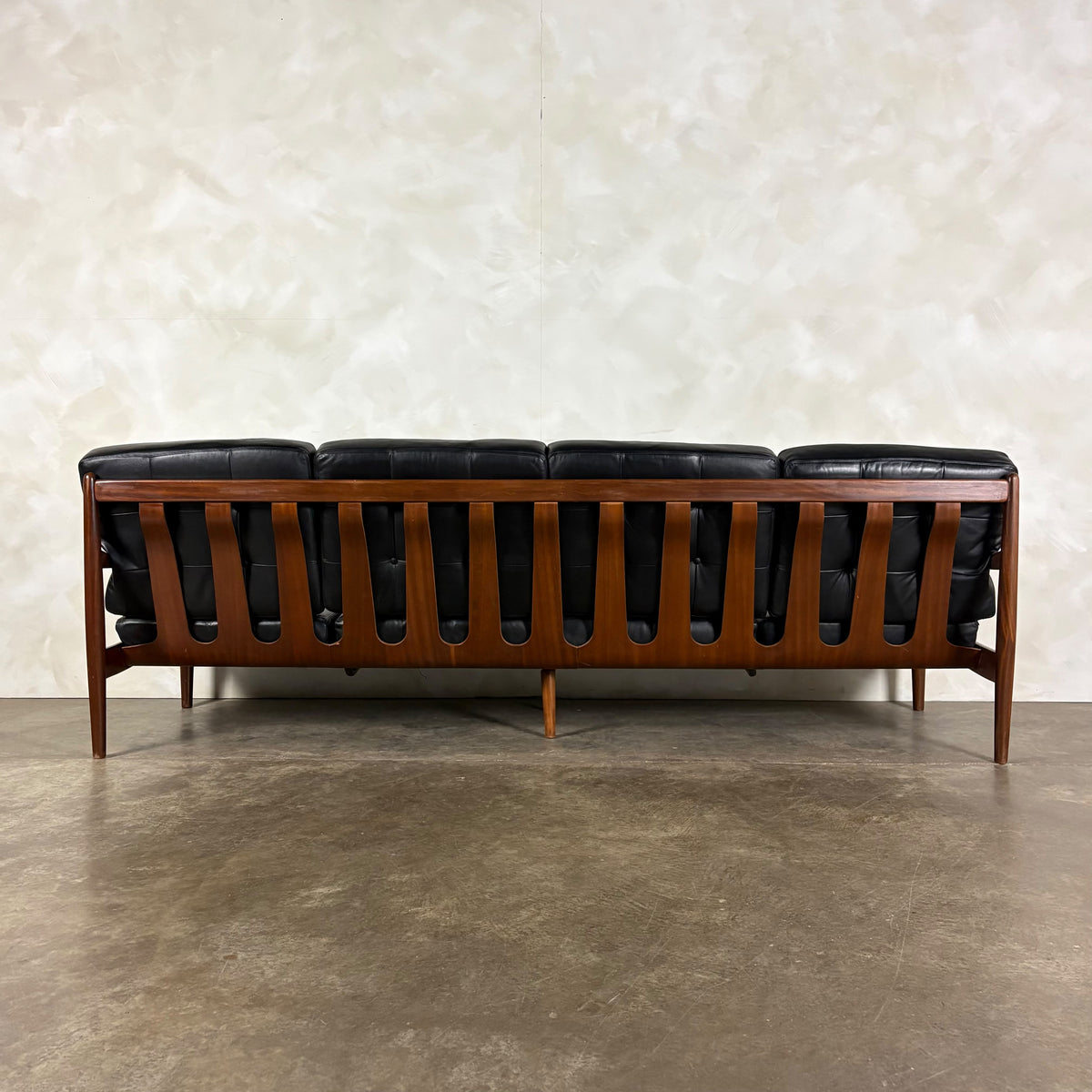 Four Seater Black Leather Teak Sofa Danish Scandinavian Mid Century Vintage Retro MCM