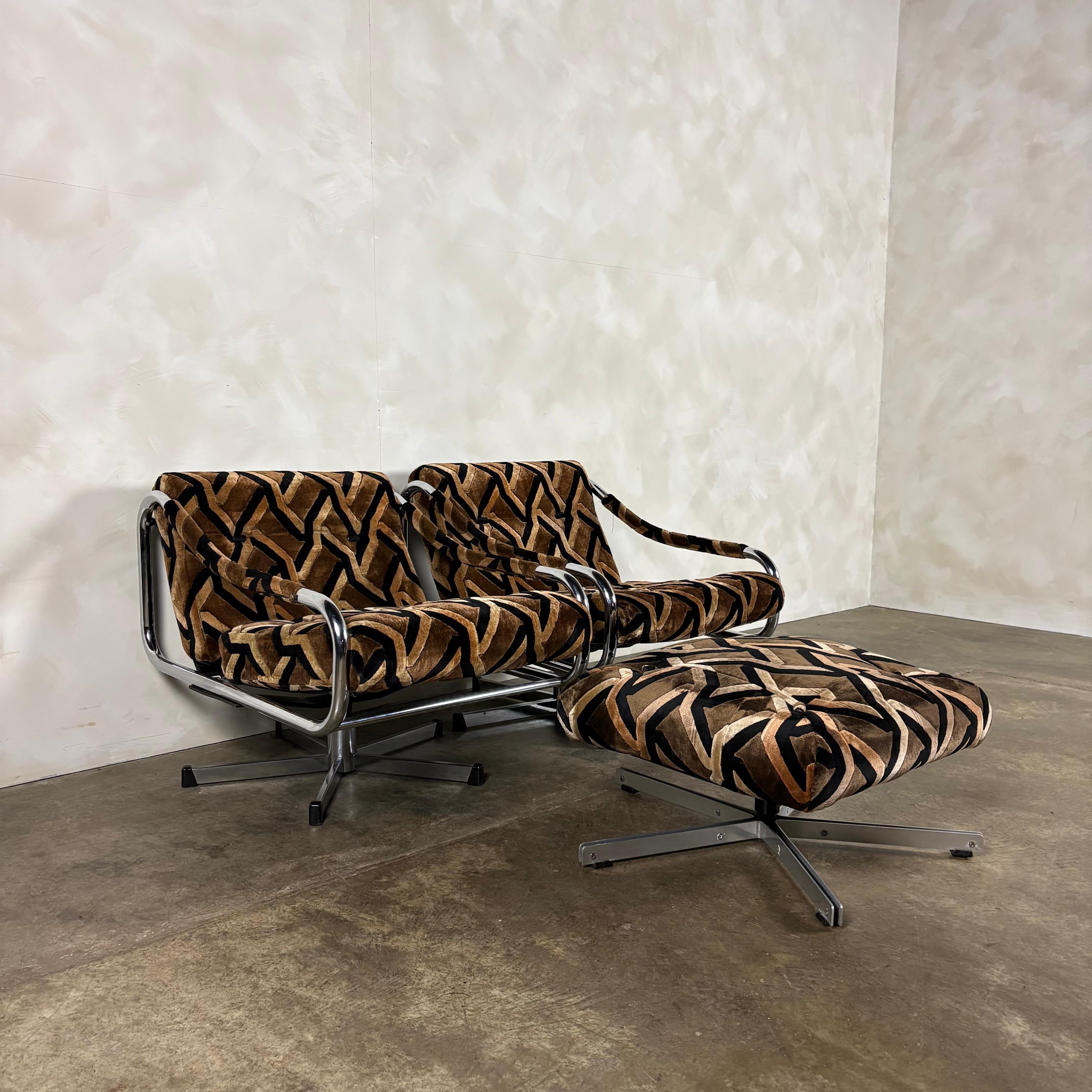 Pair Of Pieff Beta Swivel Lounge Chairs Geometric Fabric Footstool Mid Century Vintage Retro MCM
