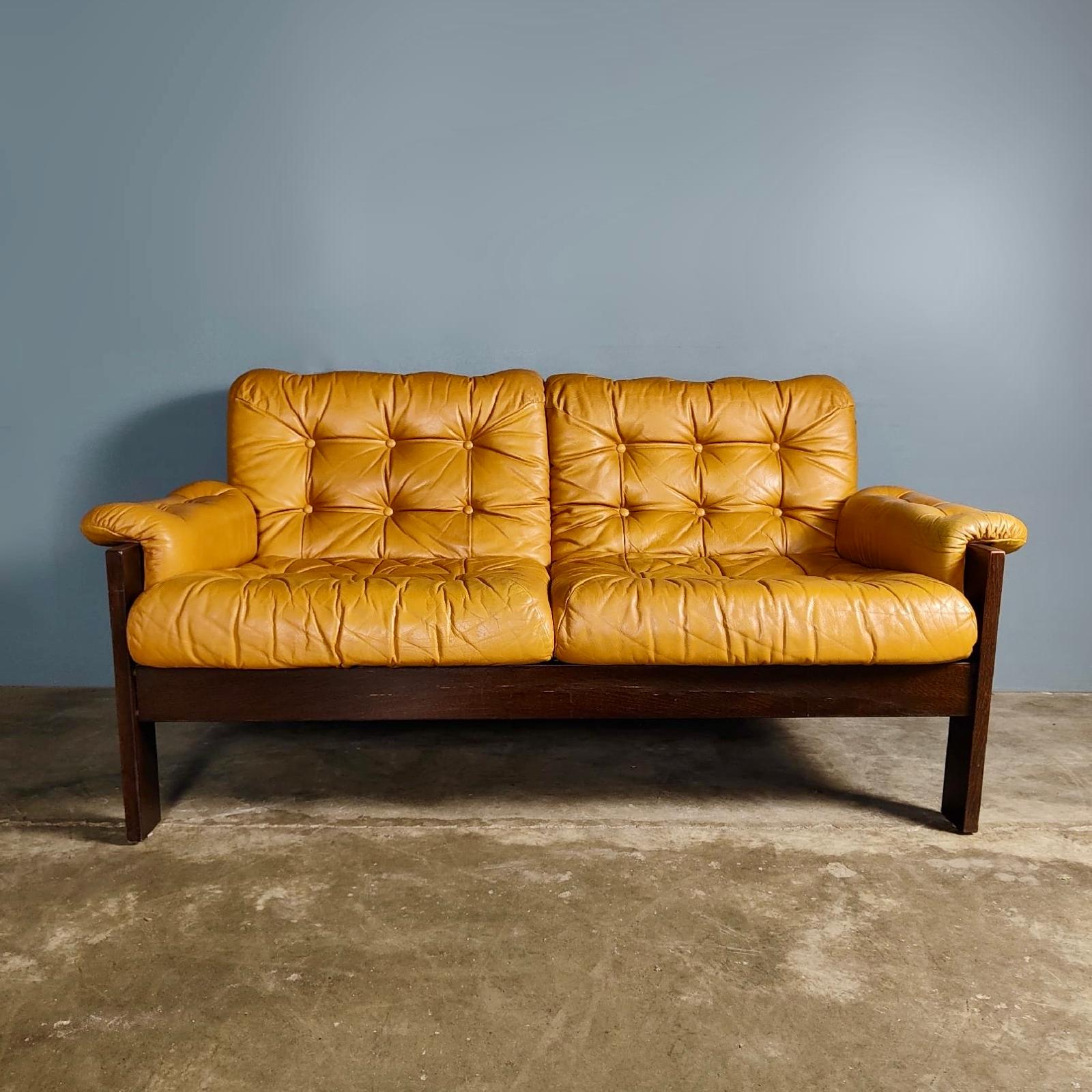 SOLD Mid Century John-Bertil Häggström Swed-Form Yellow Mustard Tan Leather Two Seater Sofa Vintage Retro MCM