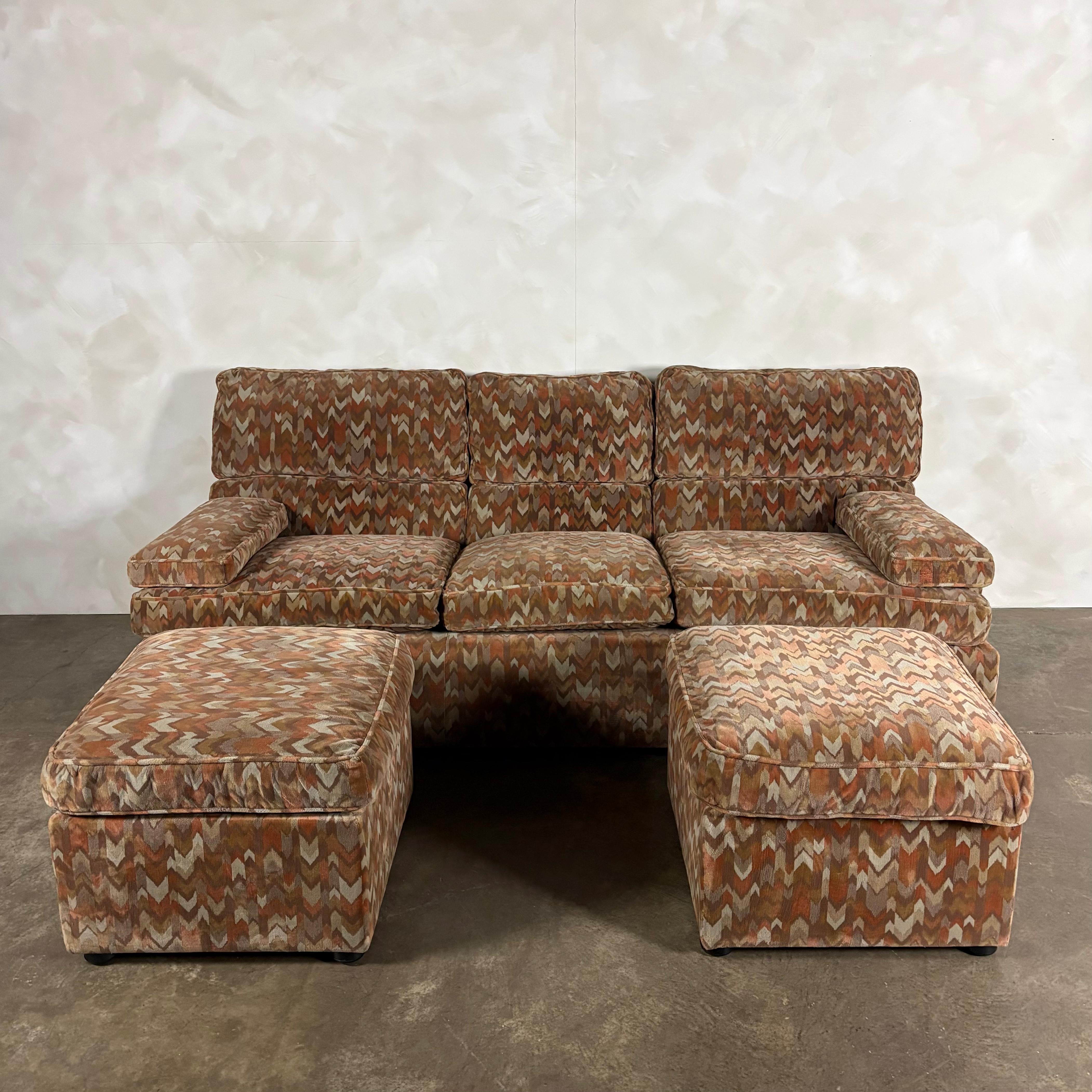 1980s Three Seater Geometric Patterned Sofa & Footstool Post Modern Mid Century Vintage Retro MCM