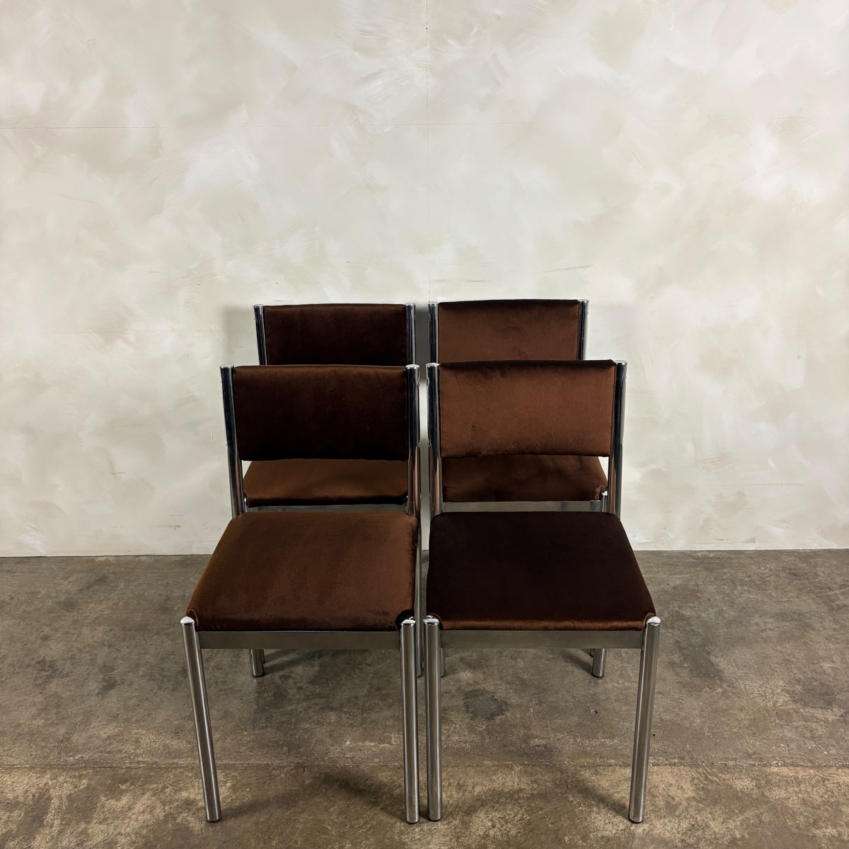 Set Of Four 1970s Chrome Brown Italian Dining Chairs Mid Century Vintage Retro MCM