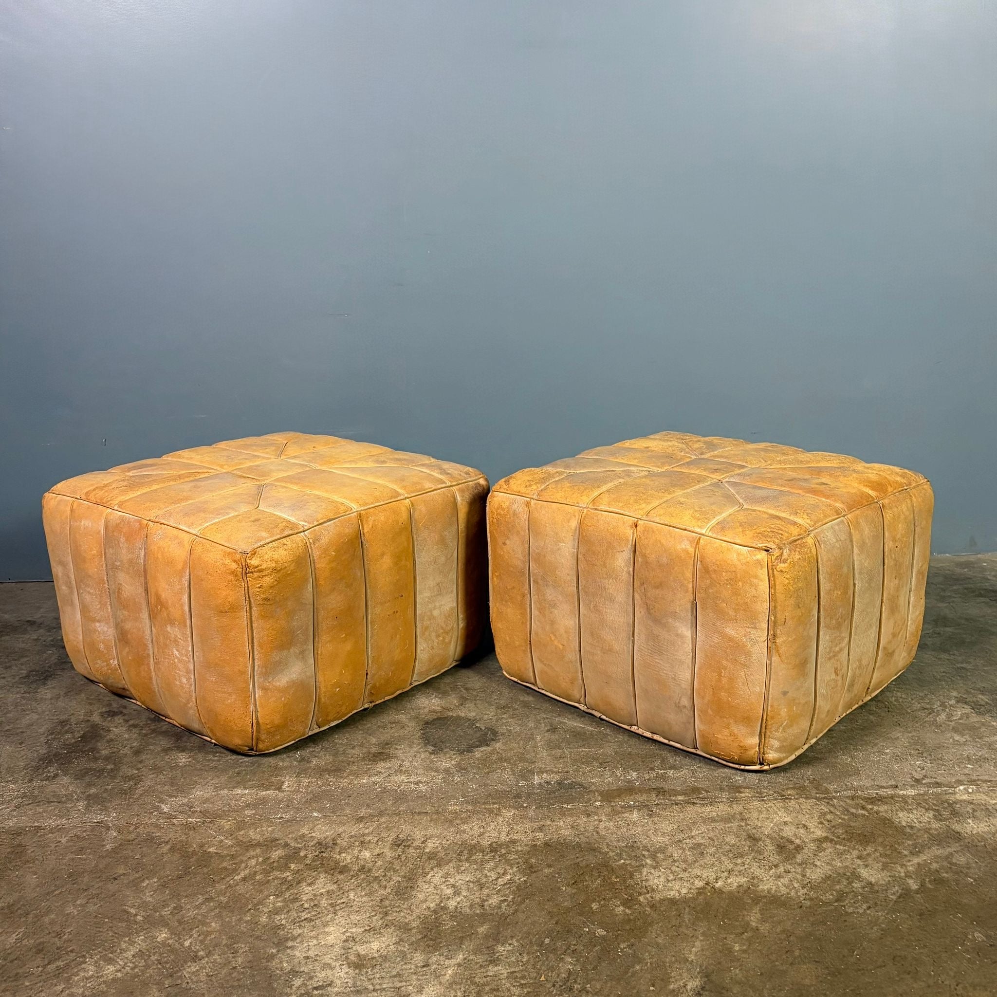 Pair Of Matching De Sede Style Distressed Patchwork Leather Footstools/Ottomans/Pouffes Mid Century Vintage Retro MCM