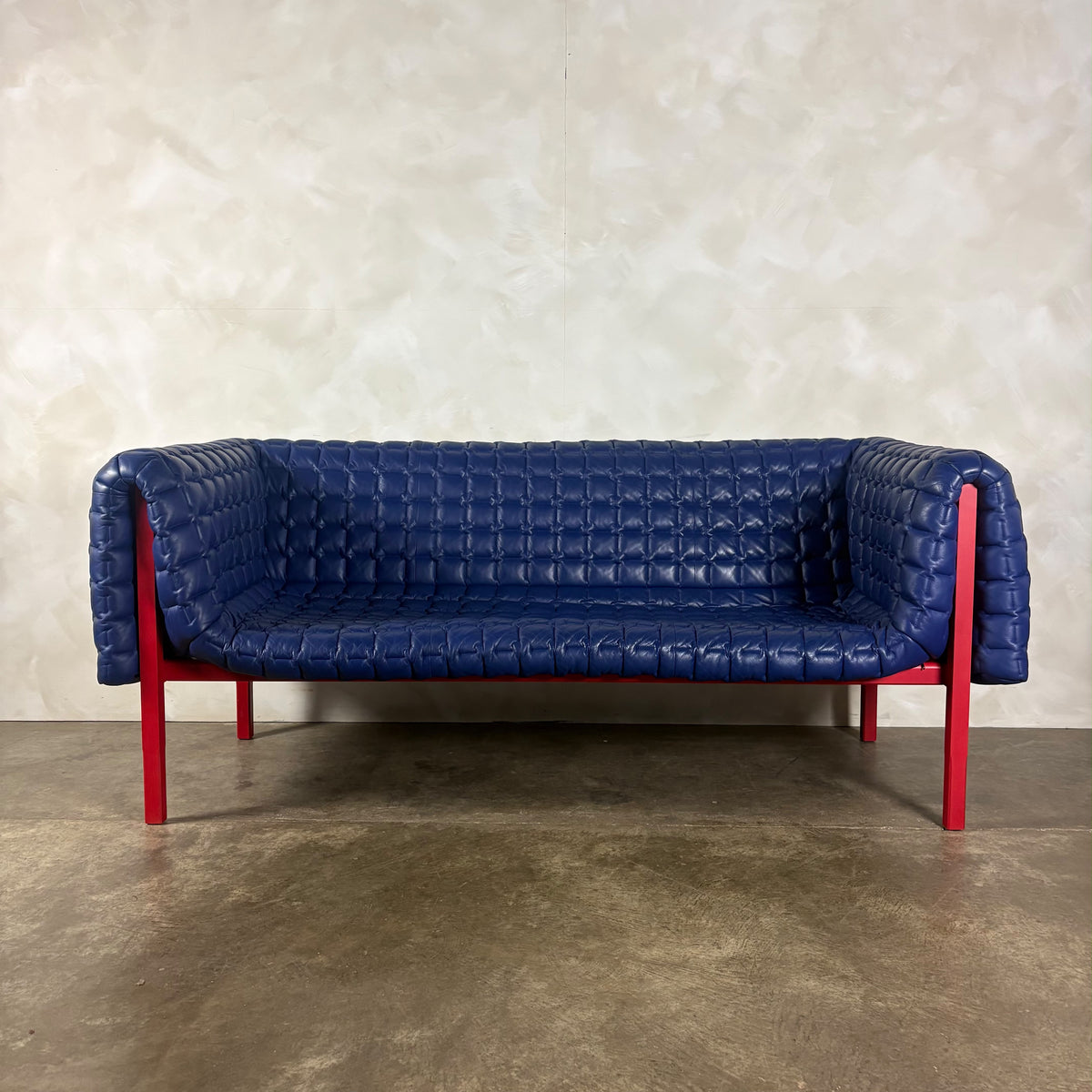 Ligne Roset Ruché Three Seater Sofa & Armchair By Inga Sempé In Blue Leather & Red Frame Vintage Retro