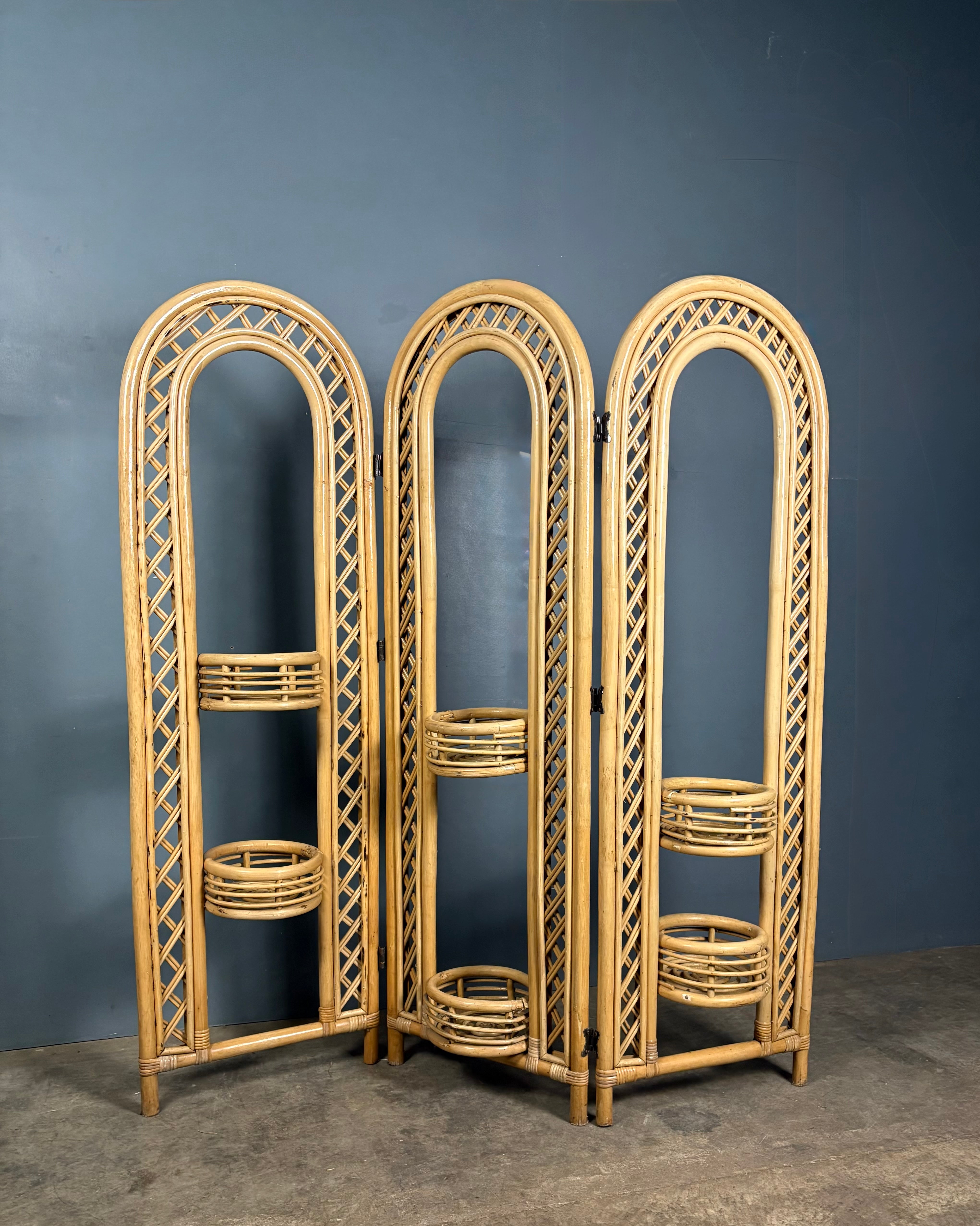 Bamboo Rattan Folding Screen Room Divider Paravent Mid Century Vintage Retro MCM