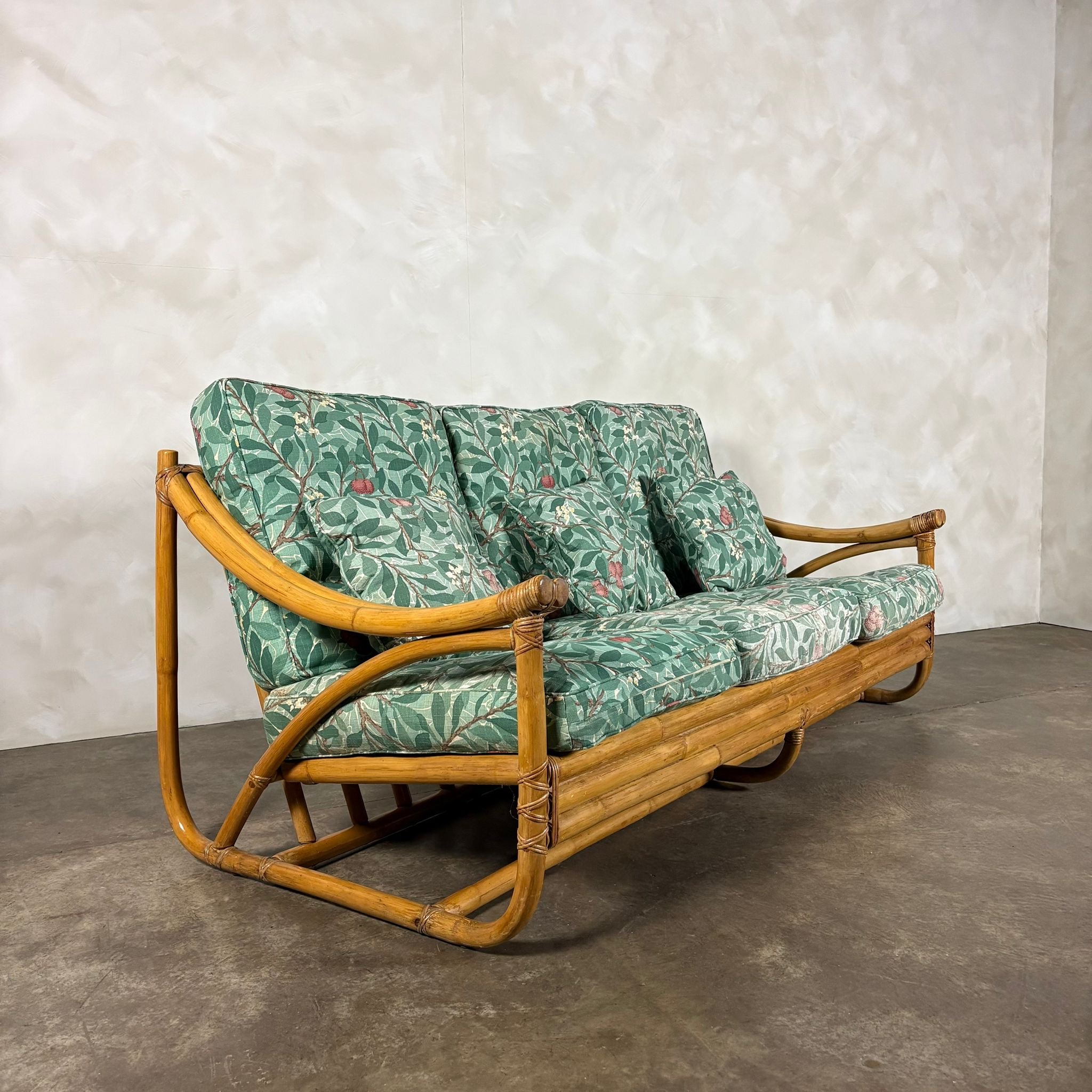 SOLD Mid Century Angraves Of Leicester Three Seater Sofa Invincible William Morris Bamboo Vintage Retro MCM