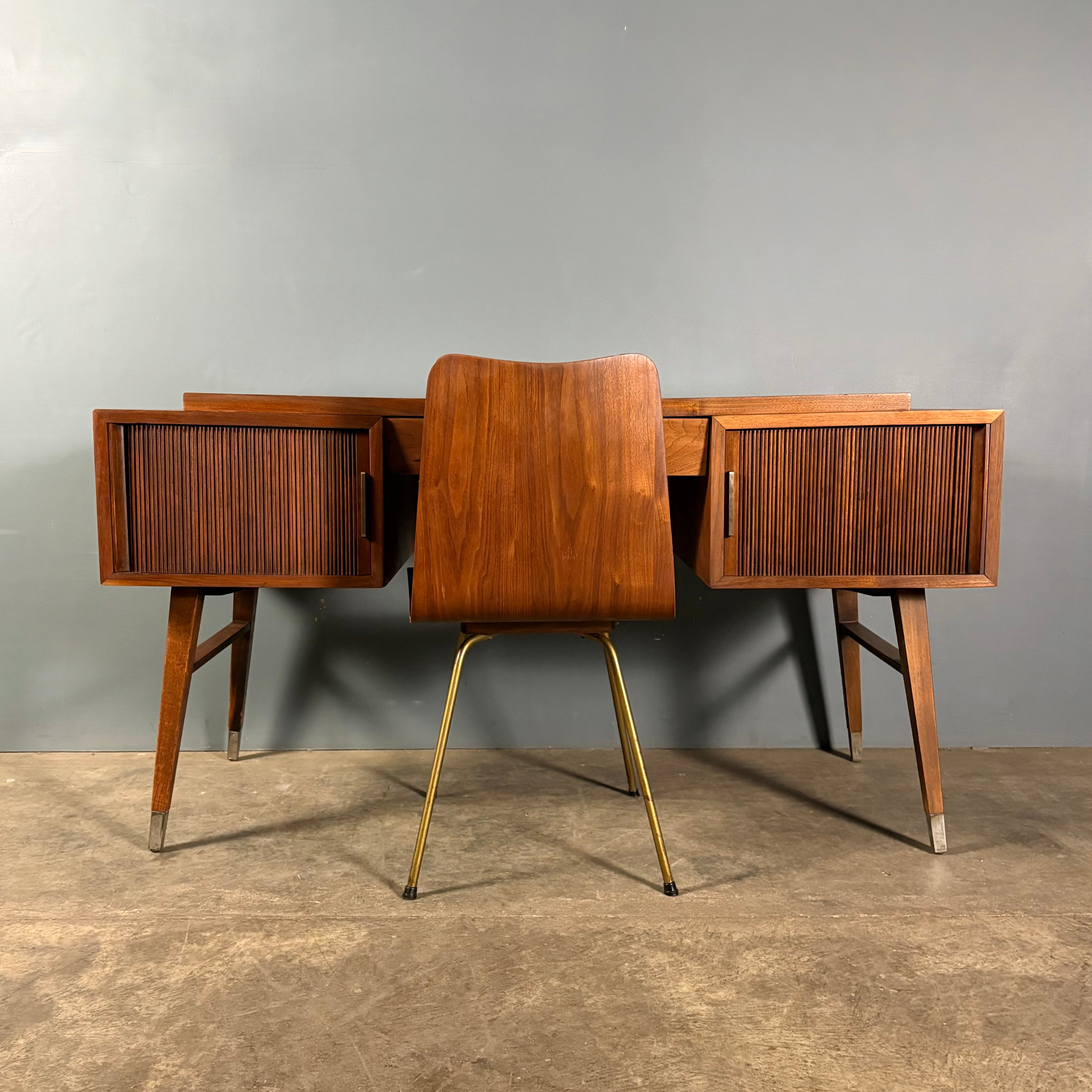 Sligh Lowry American Walnut Tambour Desk and Chair Mid Century Vintage MCM Retro