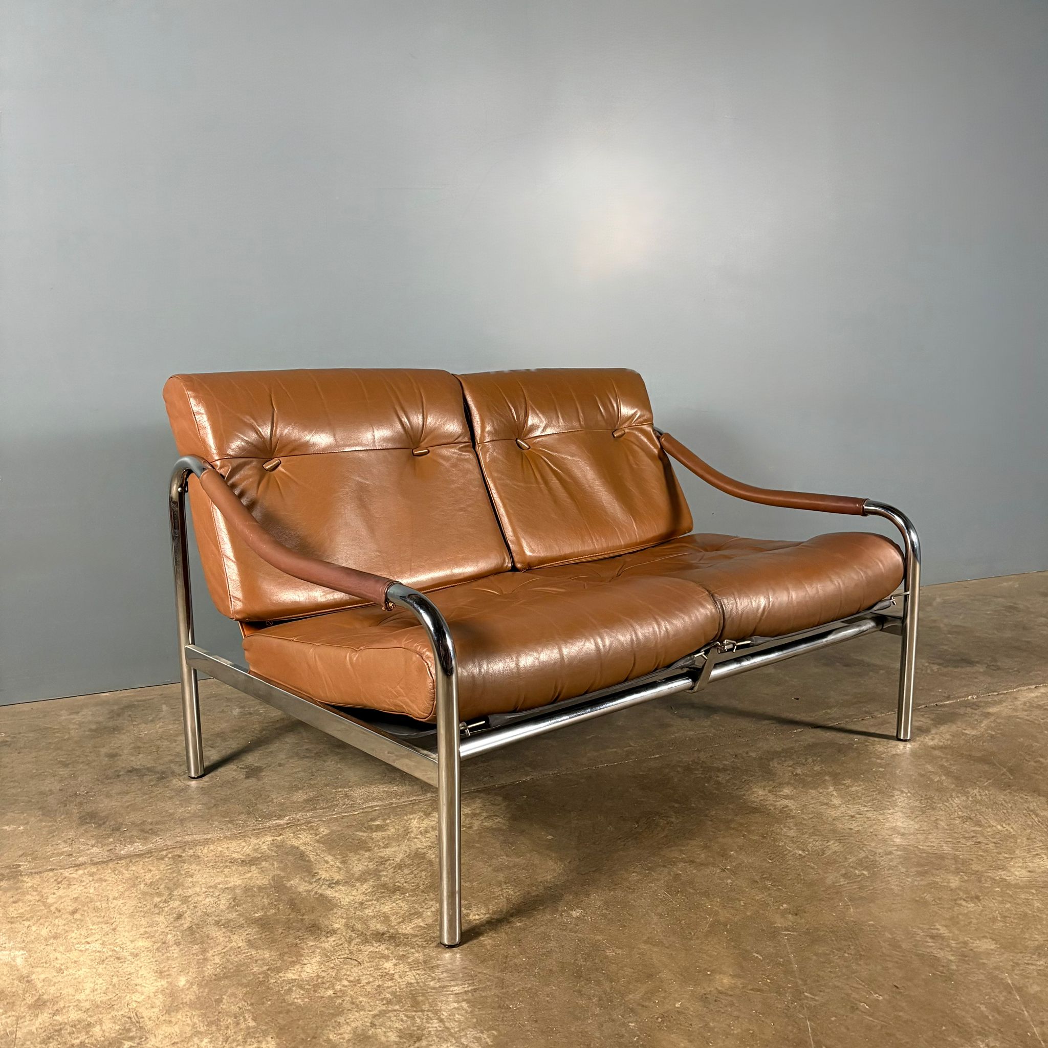 Mid Century Pieff Beta Two Seater Sofa Tan Brown Leather Vintage Retro MCM