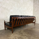 Four Seater Black Leather Teak Sofa Danish Scandinavian Mid Century Vintage Retro MCM