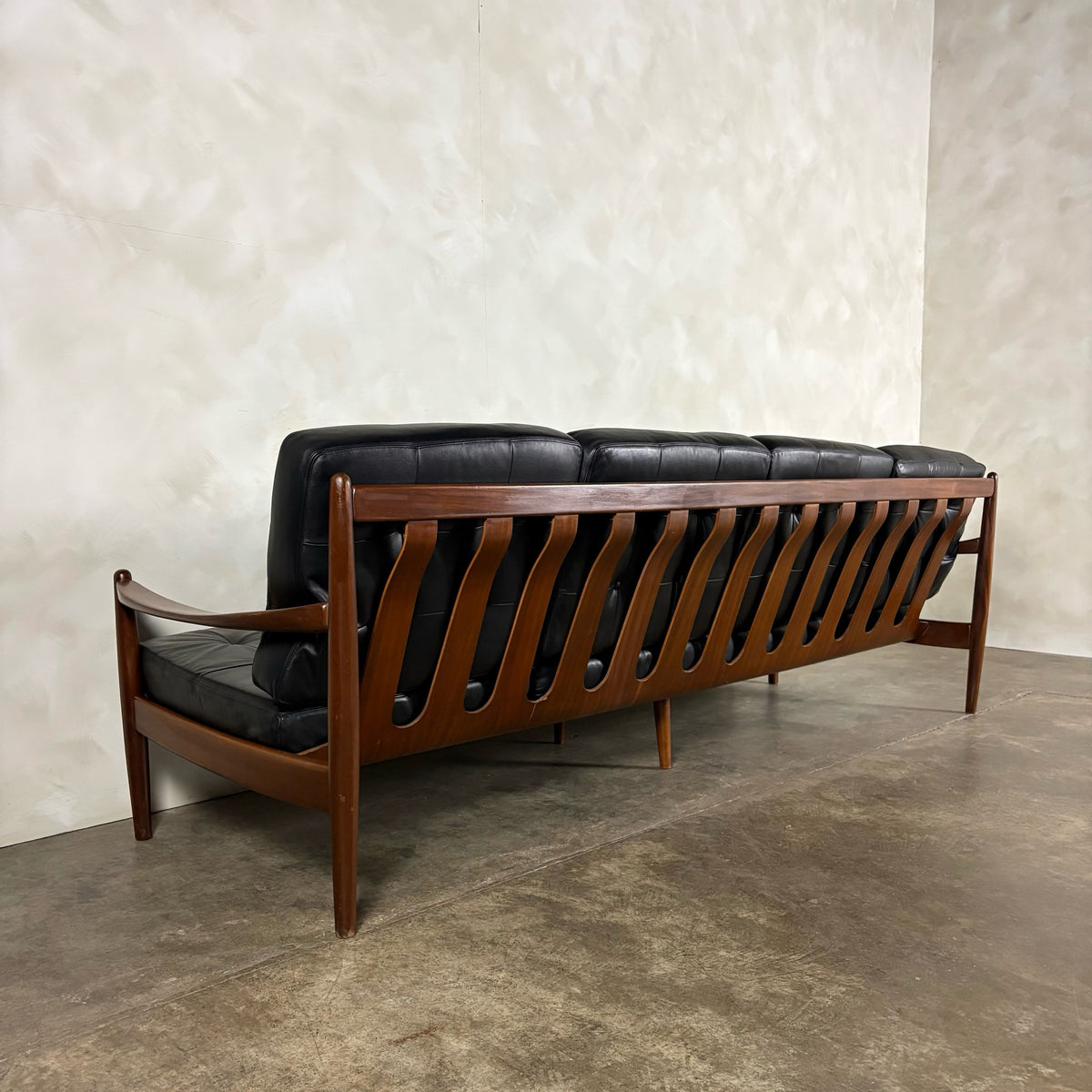 Four Seater Black Leather Teak Sofa Danish Scandinavian Mid Century Vintage Retro MCM