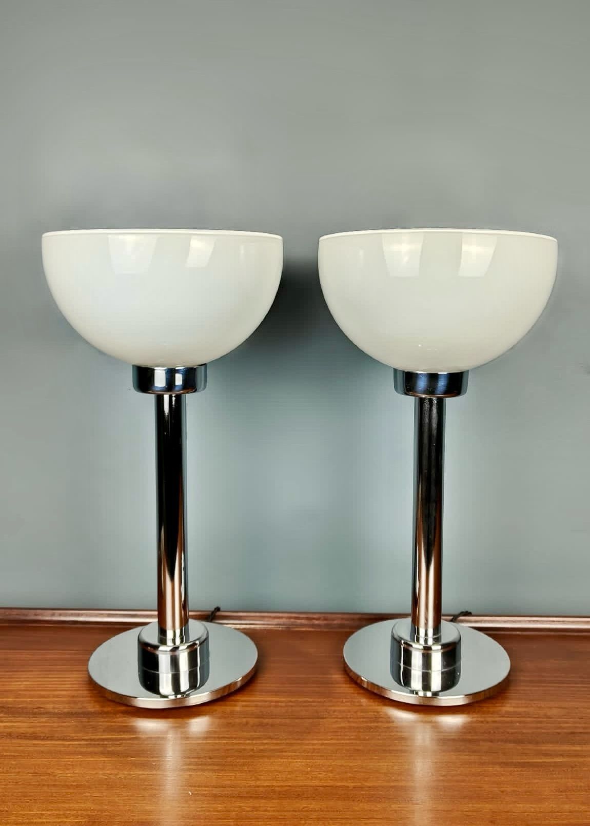 Pair Of French Mid Century S.C.E Chrome & Opaline Glass Table Lamps