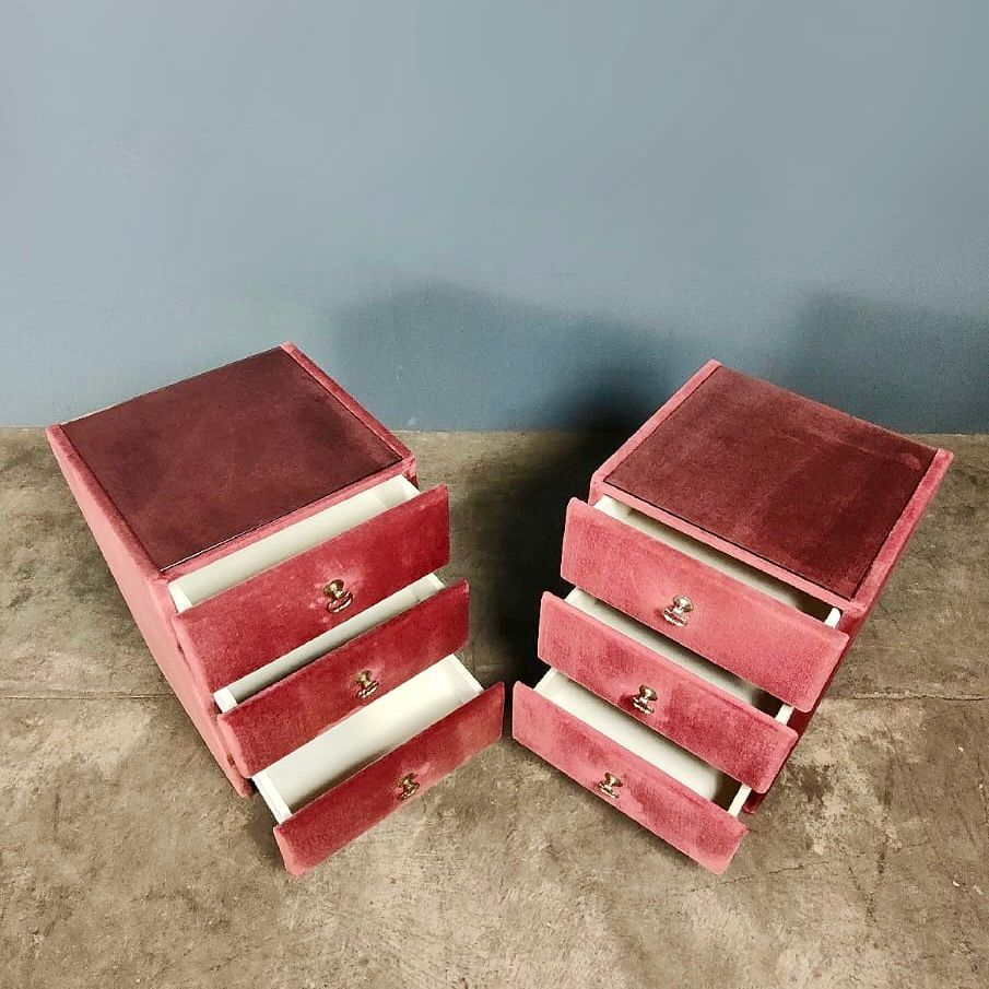 SOLD Mid Century Vintage Pink Velvet Bedside Tables With Glass Tops Retro MCM