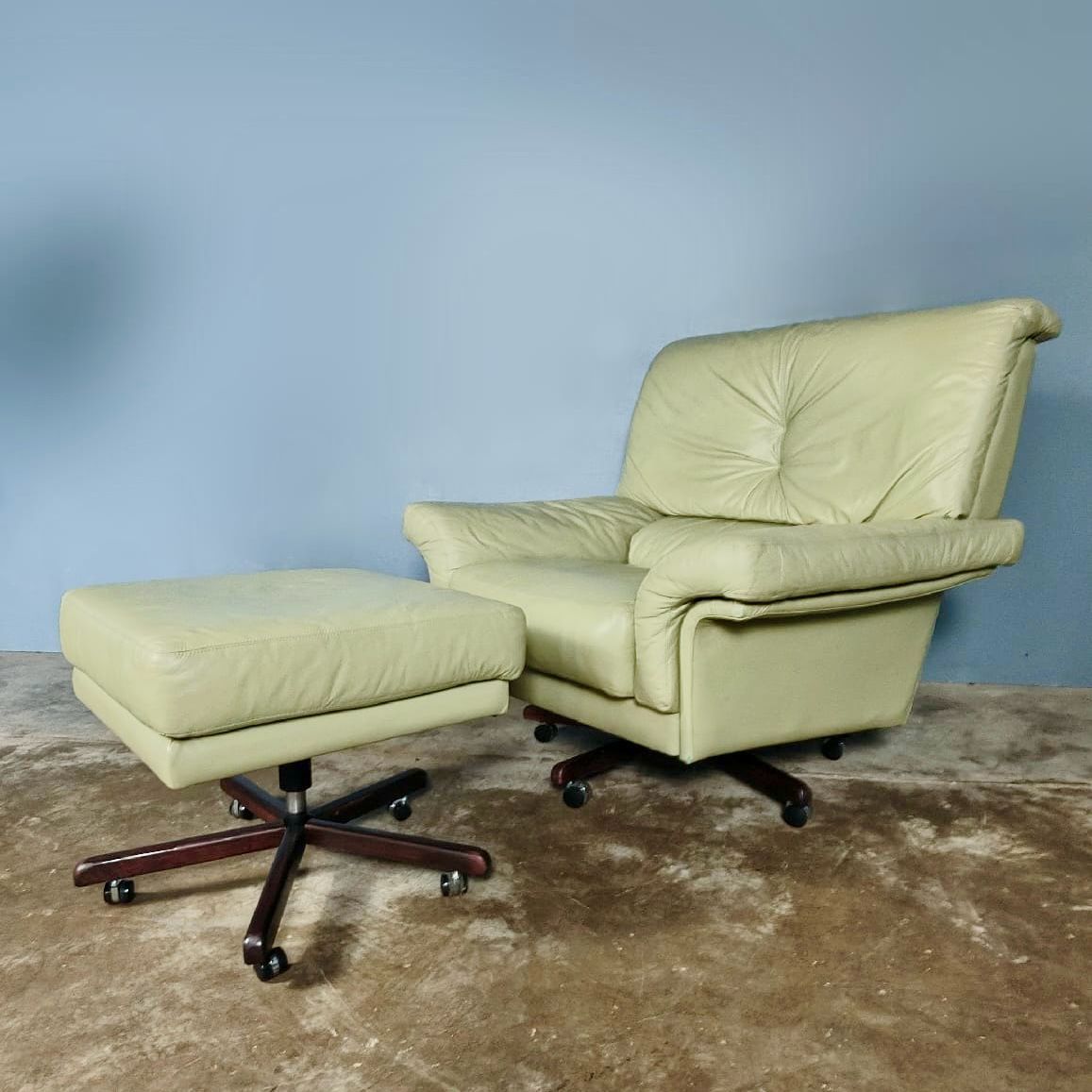 SOLD Mid Century Green Leather Swivel Armchair & Footstool 1980s Italian Vintage Retro MCM