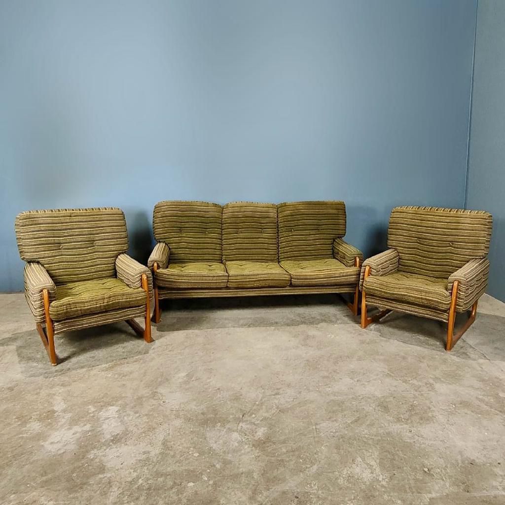 SOLD Mid Century Green Patterned Three Seater Sofa & Two Matching Armchairs 3 Piece Suite Vintage Retro MCM