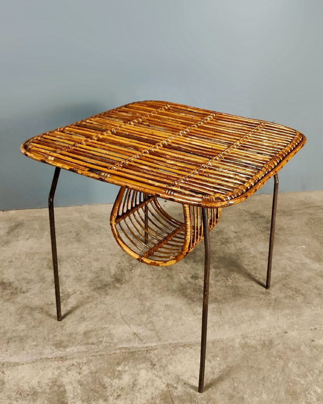 Mid Century Tito Agnoli Rattan & Metal Side Table Italian 1970s 