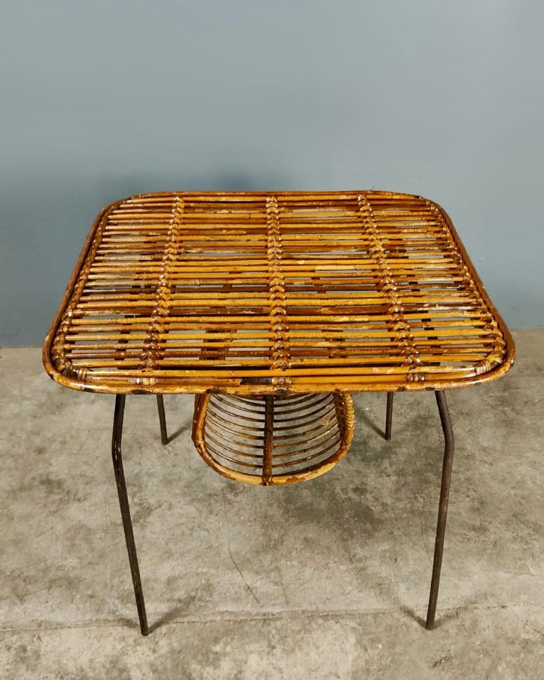 Mid Century Tito Agnoli Rattan & Metal Side Table Italian 1970s 