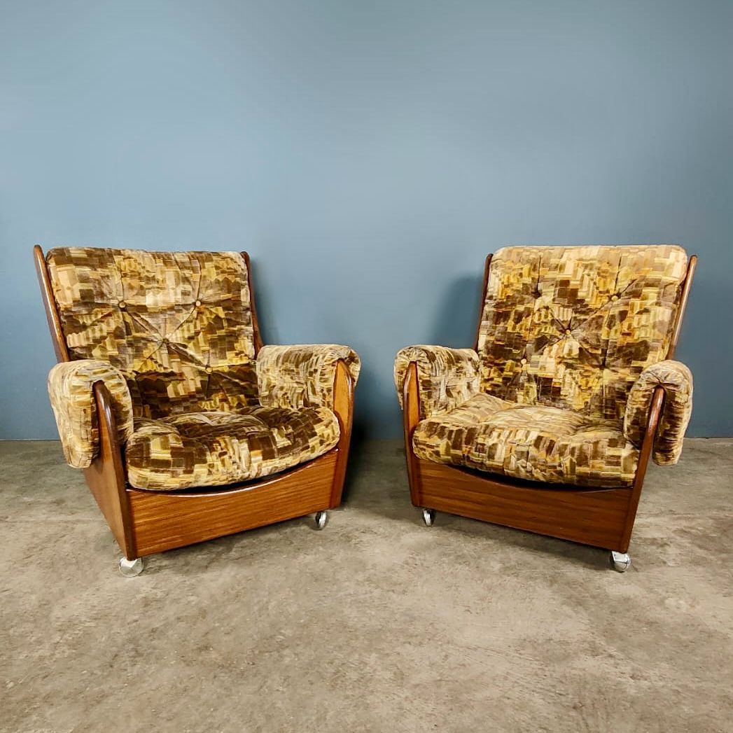 SOLD G Plan Saddleback Pair Of Armchairs In Retro Vintage Geometric Pattern Upholstery Mid Century MCM