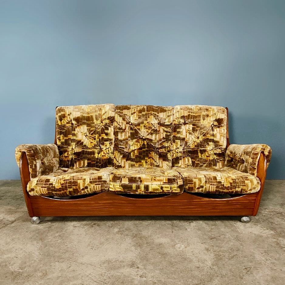 SOLD G Plan Saddleback Sofa In Retro Vintage Geometric Pattern Upholstery Mid Century MCM