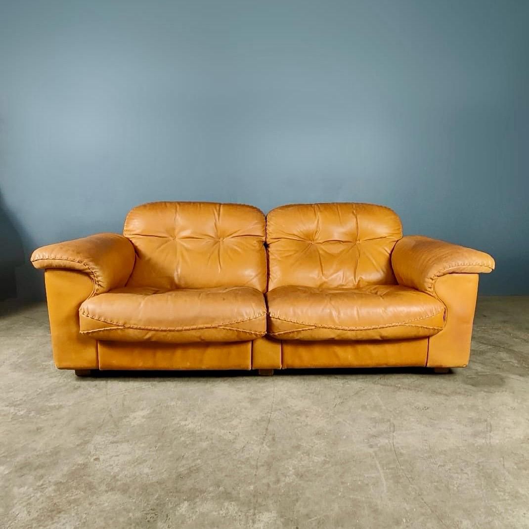 SOLD De Sede DS-101 Reclining Two Seater Sofa Tan Brown Leather Mid Century Vintage Retro MCM