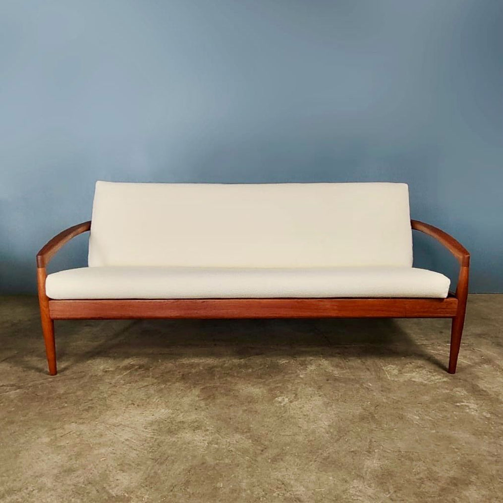 SOLD Paper Knife Kai Kristiansen Magnus Olesen 1962 Three Seater Sofa Model 191 Boucle Teak Mid Century