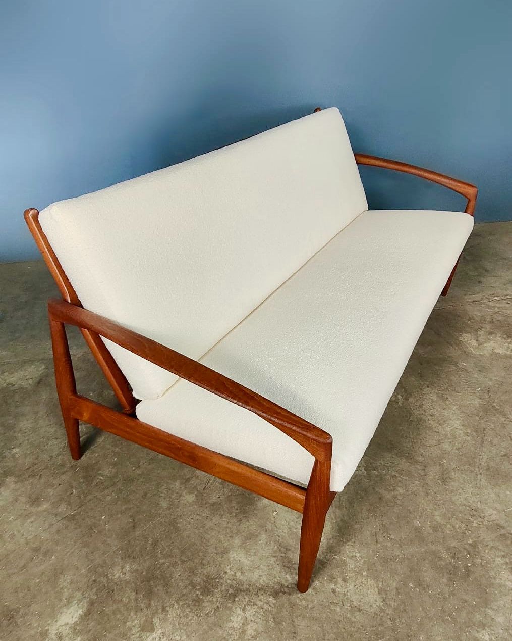 SOLD Paper Knife Kai Kristiansen Magnus Olesen 1962 Three Seater Sofa Model 191 Boucle Teak Mid Century