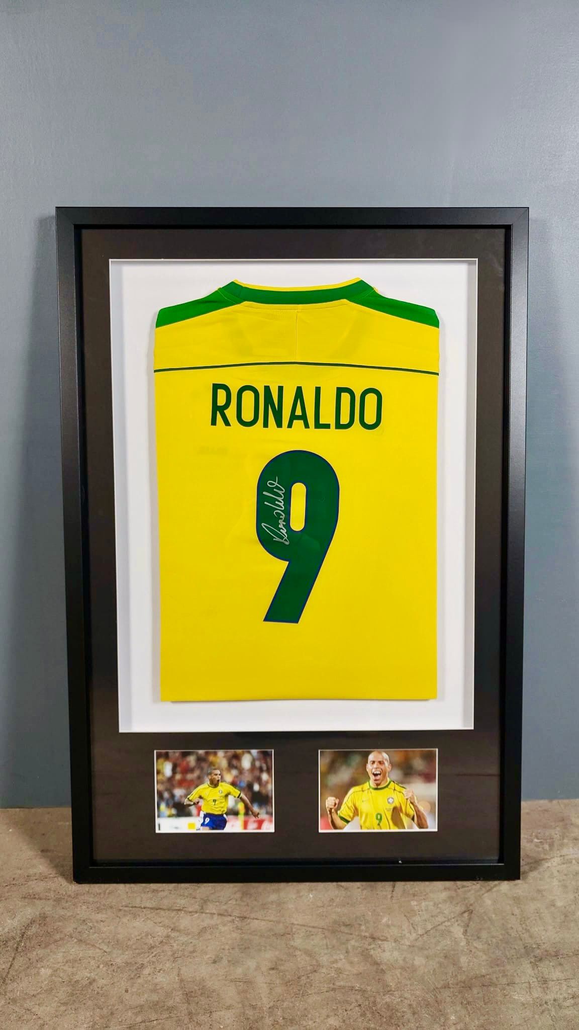 SOLD Brazilian Ronaldo R9 Nazário Number 9 France World Cup 1998 Signed Framed Brazil Shirt