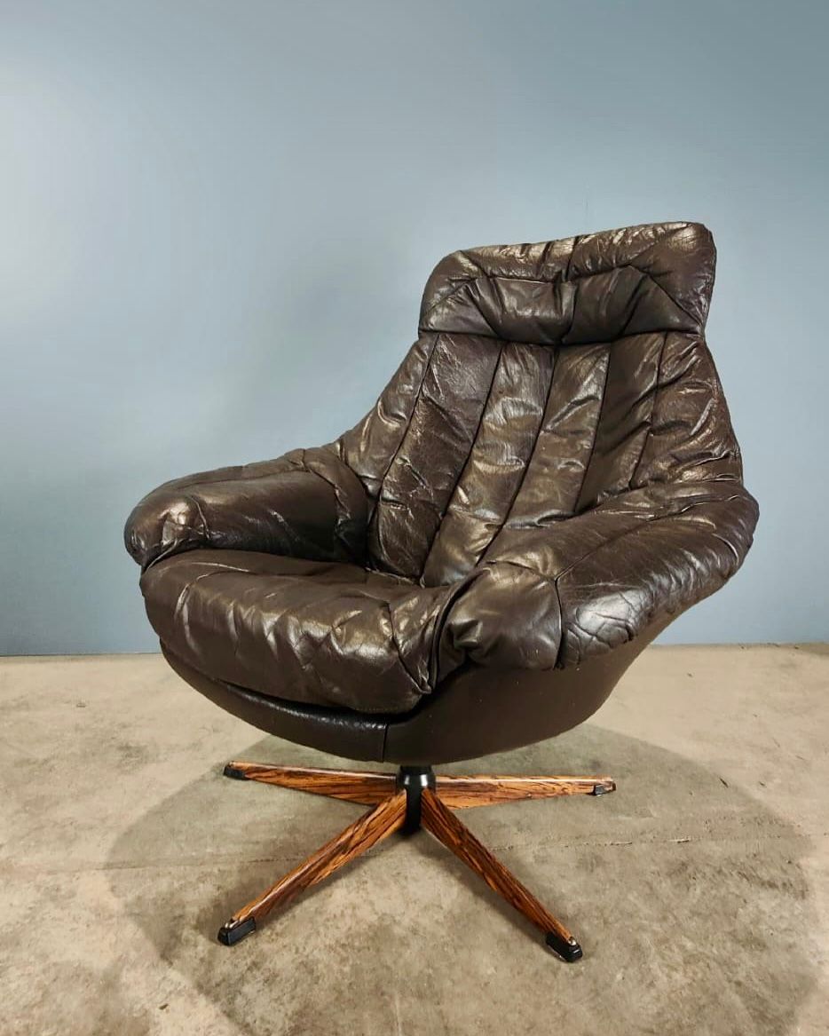 SOLD H.W Klein For Bramin Swivel Lounge Chair In Brown Leather Mid Century Danish Vintage Retro MCM