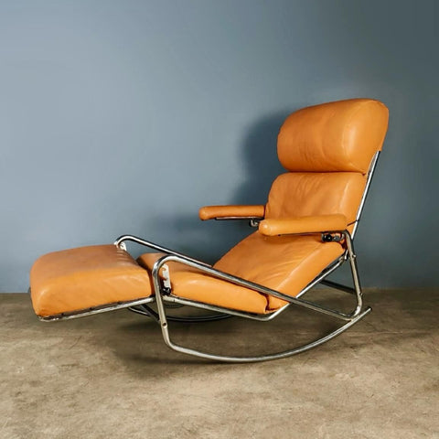 Banmüller Lama Brown Leather French German Rocking Lounge Chair