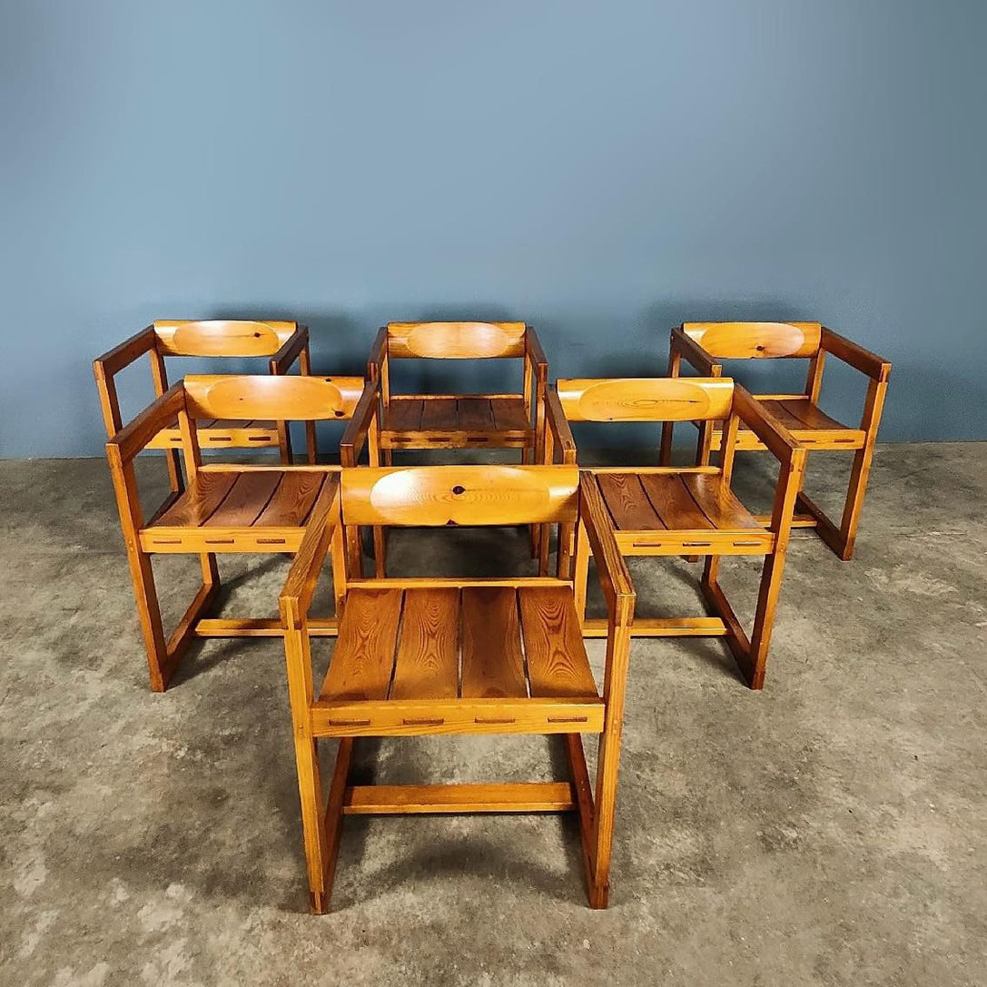 6 x Edvin Helseth Trybo Fureka 313 Pine Brutalist Dining Chairs Stange Bruk Mid Century Vintage Retro