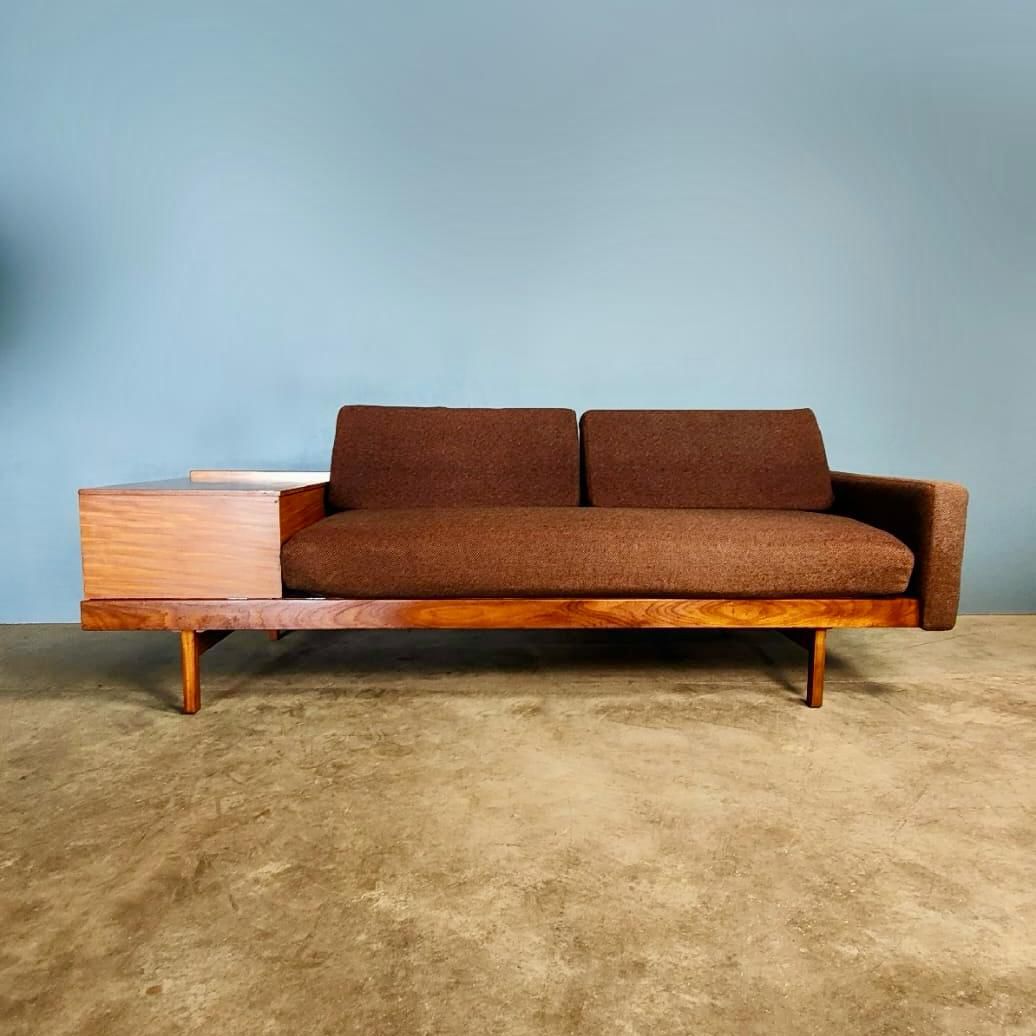 SOLD Guy Rogers 1970s Sofa Bed Teak Tweed Mid Century Vintage Retro MCM