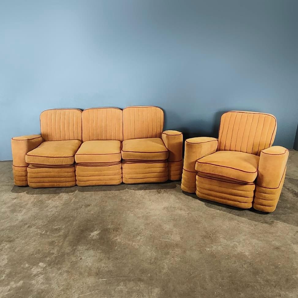 SOLD Art Deco French Modular Airborne Sofa & Armchair Orange Velvet Mid Century Vintage Retro