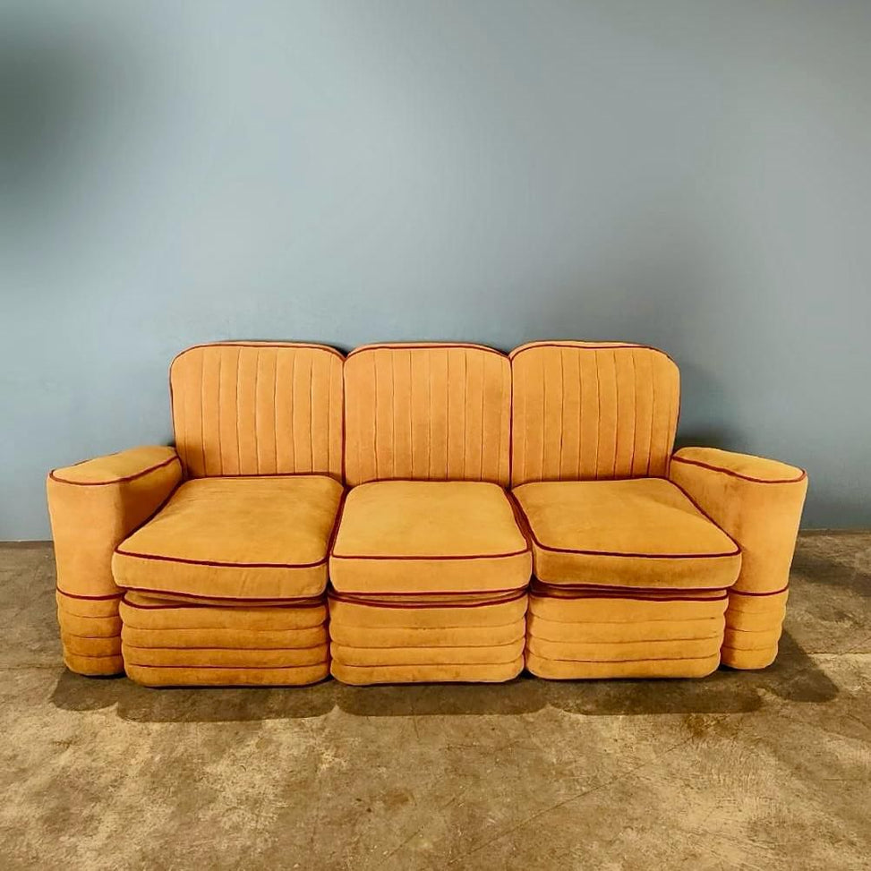 SOLD Art Deco French Modular Airborne Sofa & Armchair Orange Velvet Mid Century Vintage Retro