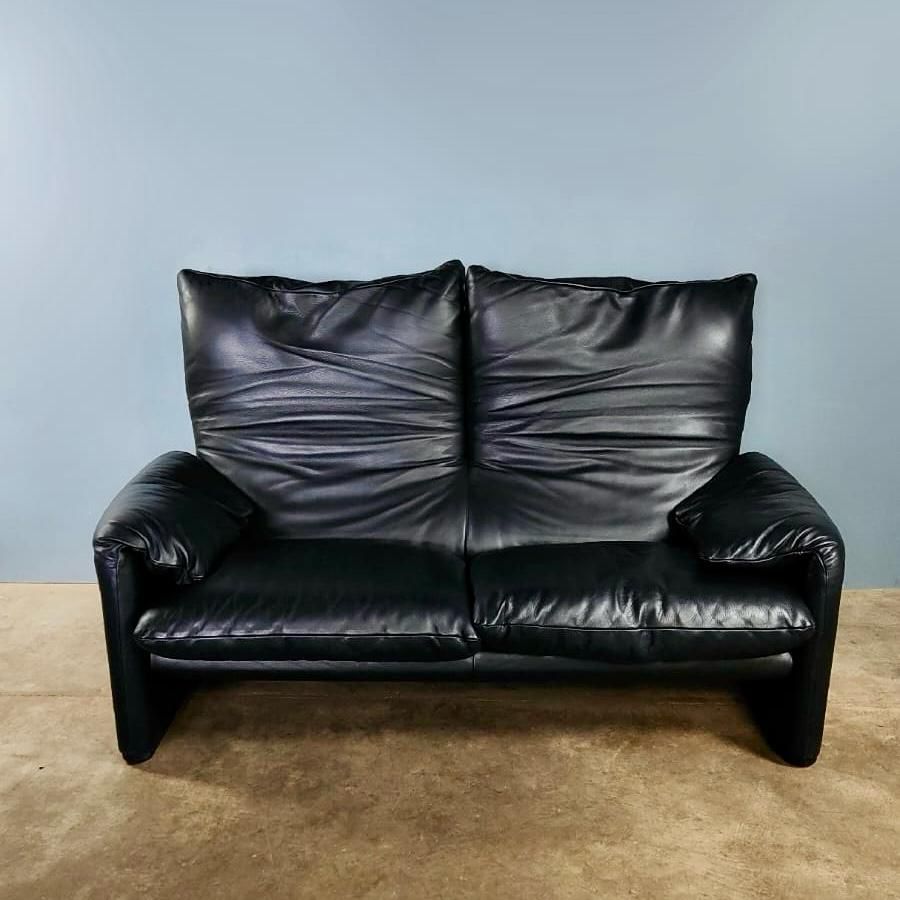 SOLD Maralunga Black Leather 2 Seater Sofa Vico Magistretti Cassina Mid Century Vintage Retro MCM