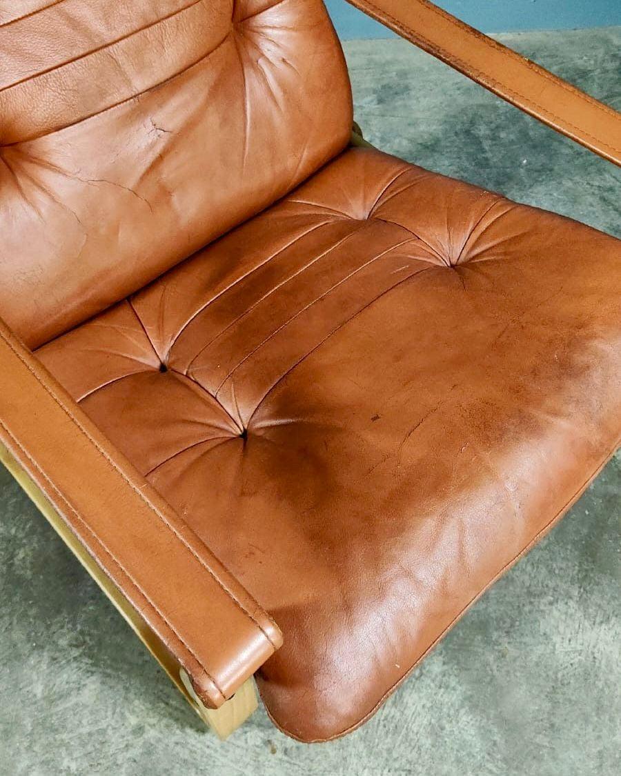 SOLD J.M Birking Danish Reclining Lounge Chair Tan Cognac & Leather Footstool Mid Century Vintage Retro MCM