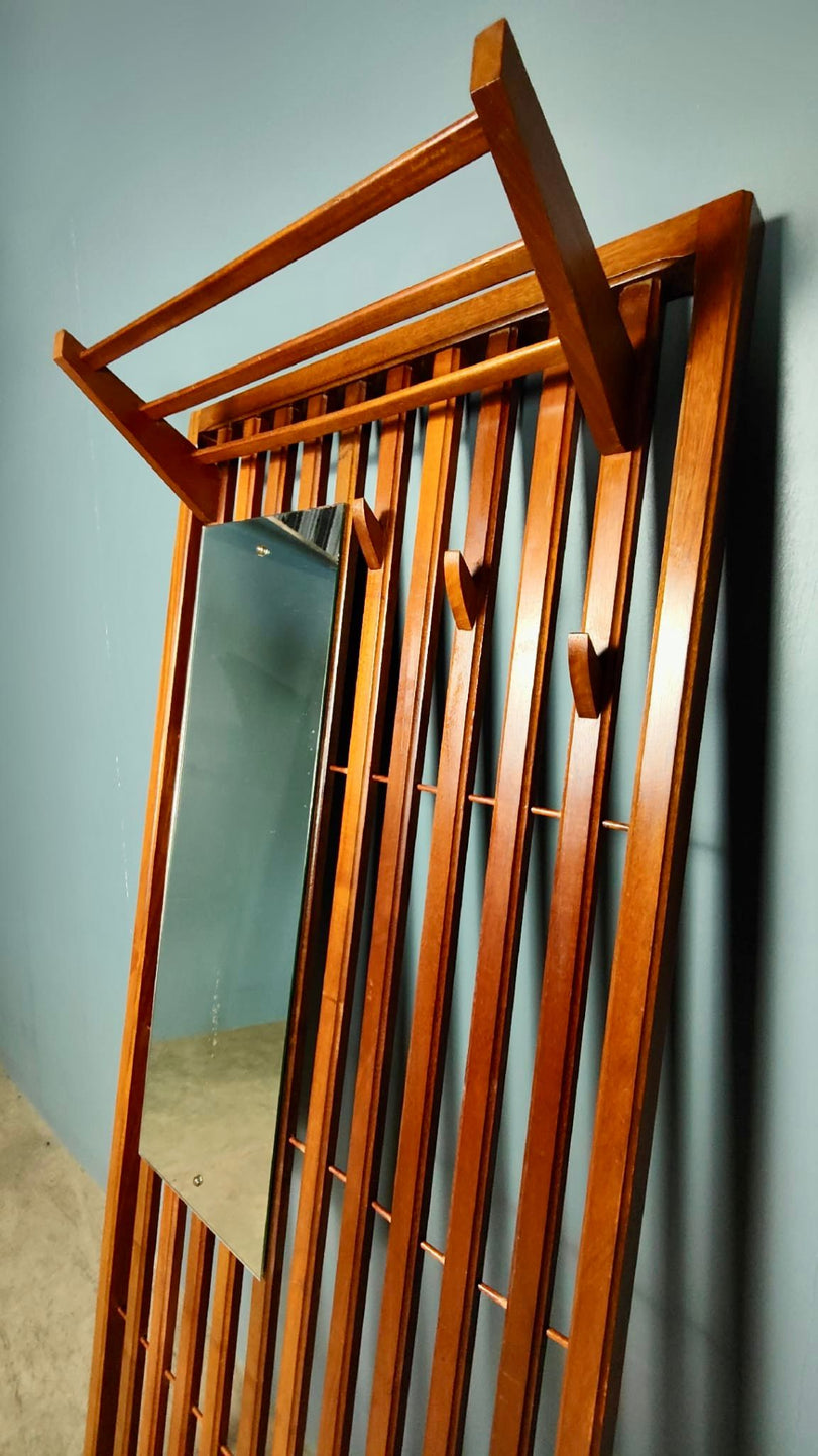 SOLD Mid Century Slatted Teak Coat Rack With Mirror Hallway Vintage Retro MCM