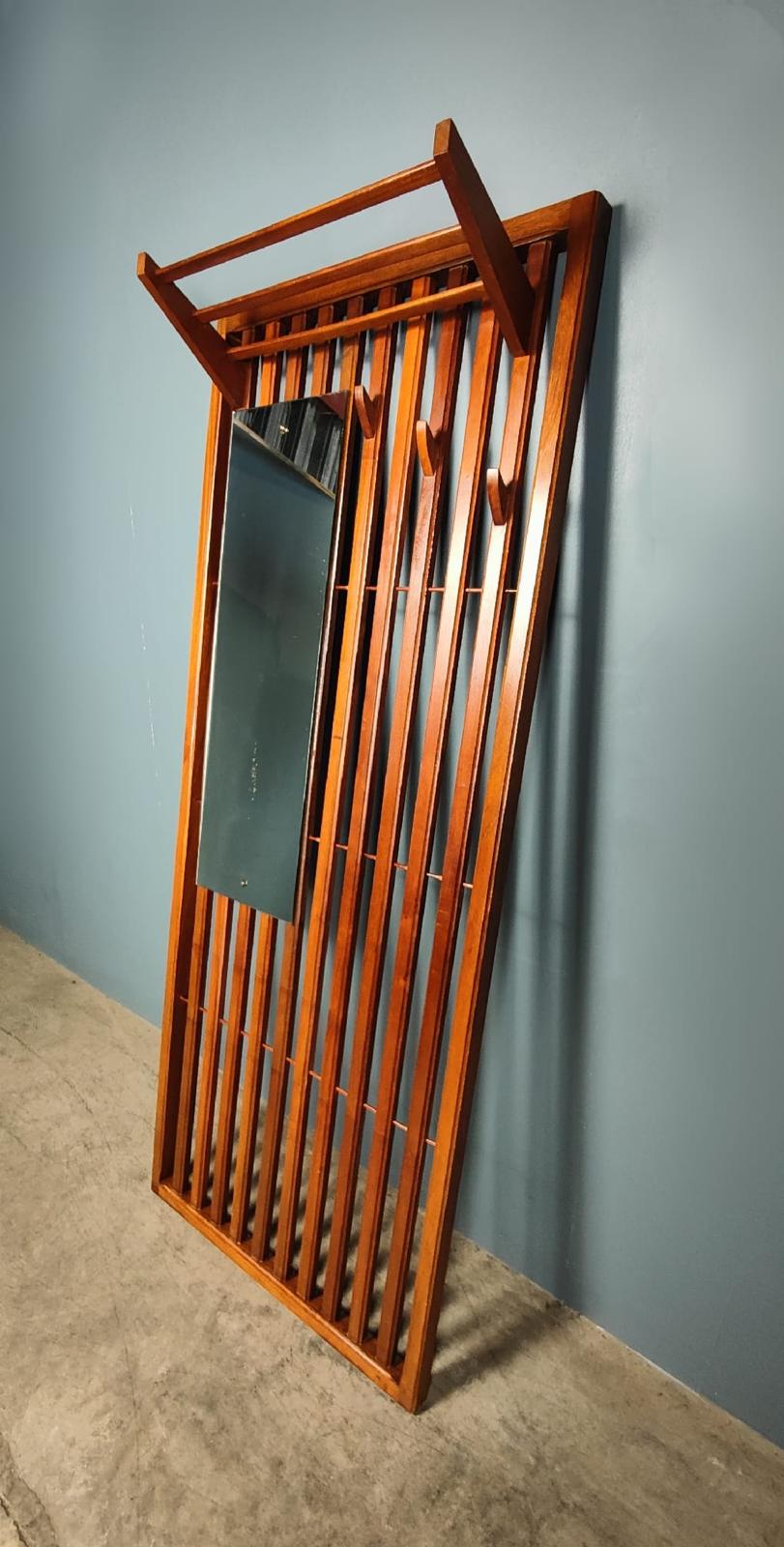 SOLD Mid Century Slatted Teak Coat Rack With Mirror Hallway Vintage Retro MCM