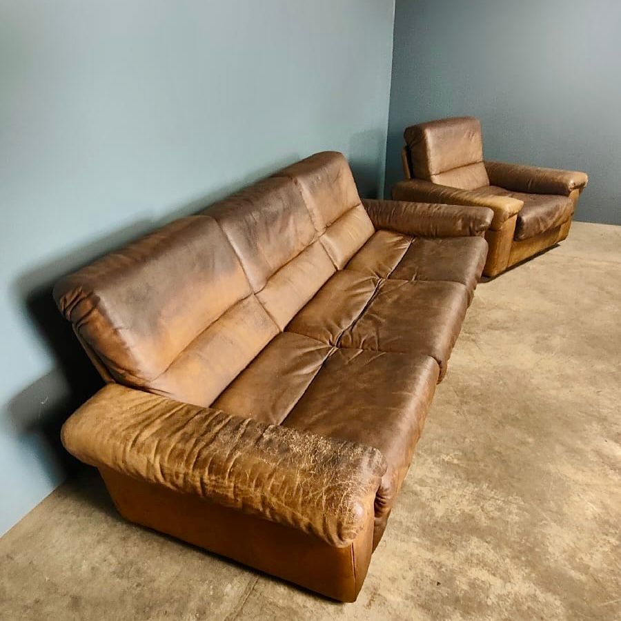 SOLD Vintage De Sede Exclusive DS66 Brown Leather Tan Three Seater Sofa & Matching Armchair Mid Century Retro