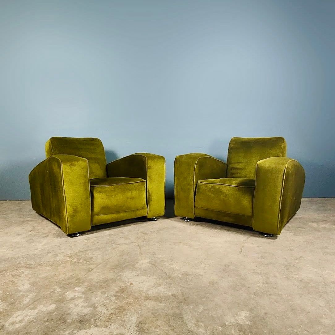 SOLD Pair Of Green Velvet Art Deco Lounge Club Chairs Mid Century Vintage Retro MCM