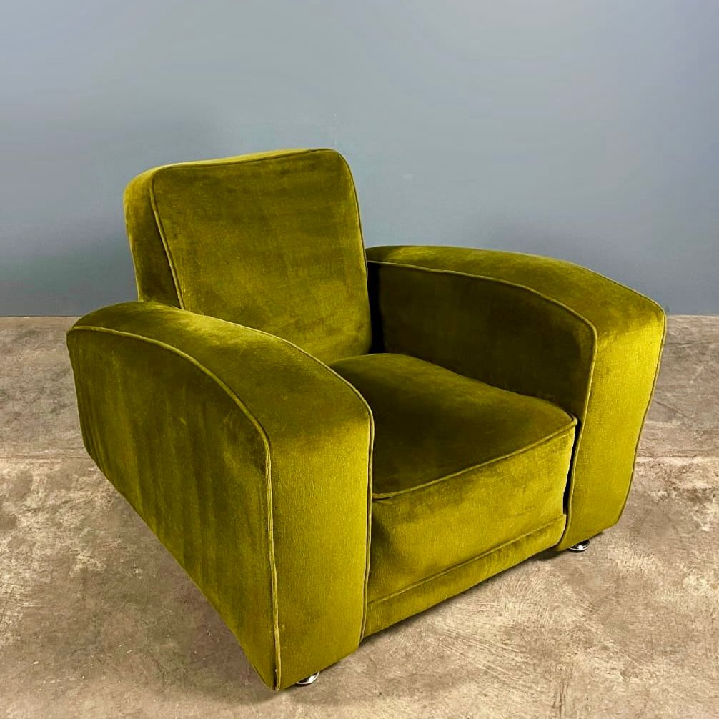 SOLD Pair Of Green Velvet Art Deco Lounge Club Chairs Mid Century Vintage Retro MCM