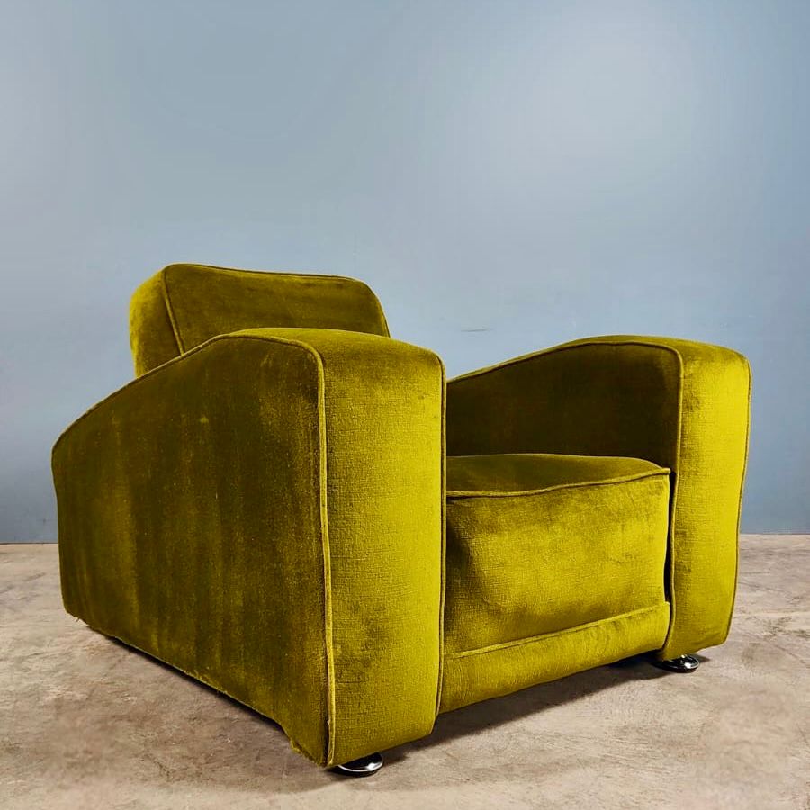 SOLD Pair Of Green Velvet Art Deco Lounge Club Chairs Mid Century Vintage Retro MCM