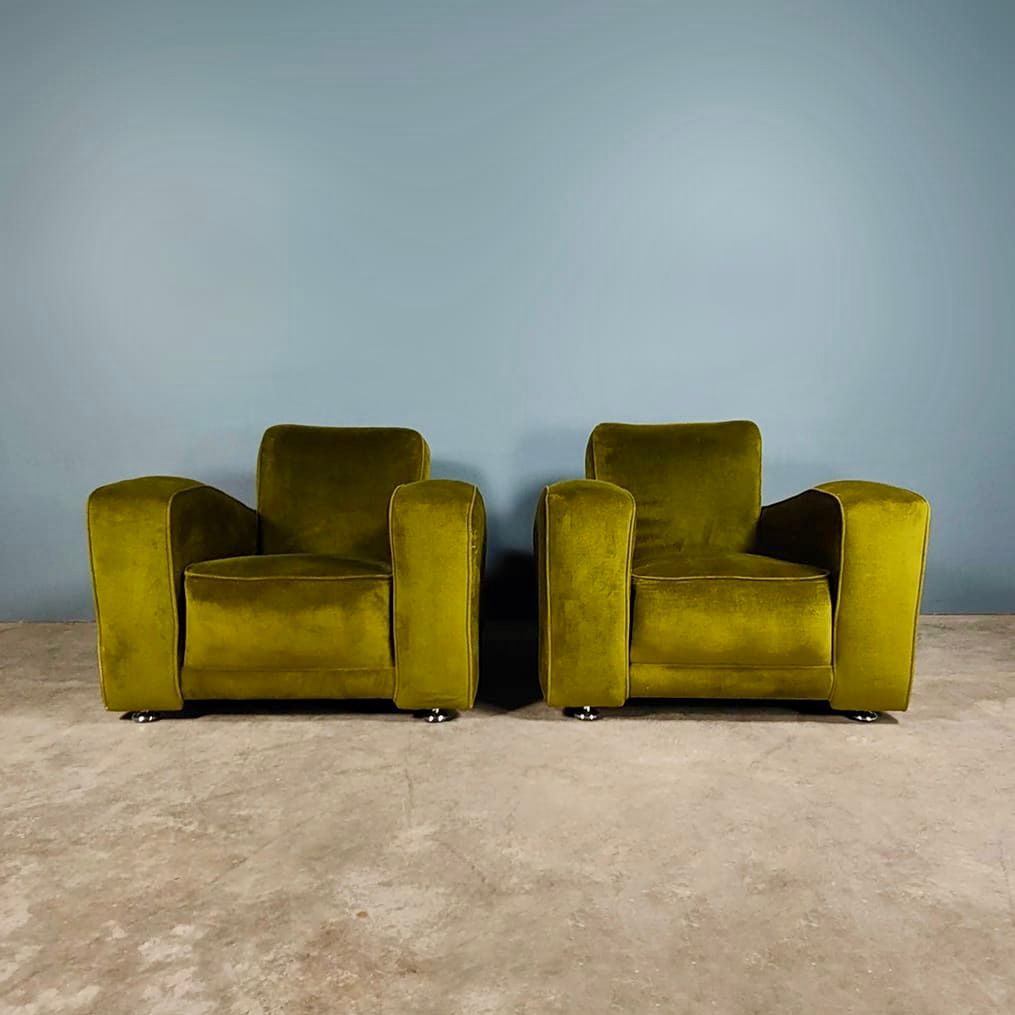 SOLD Pair Of Green Velvet Art Deco Lounge Club Chairs Mid Century Vintage Retro MCM