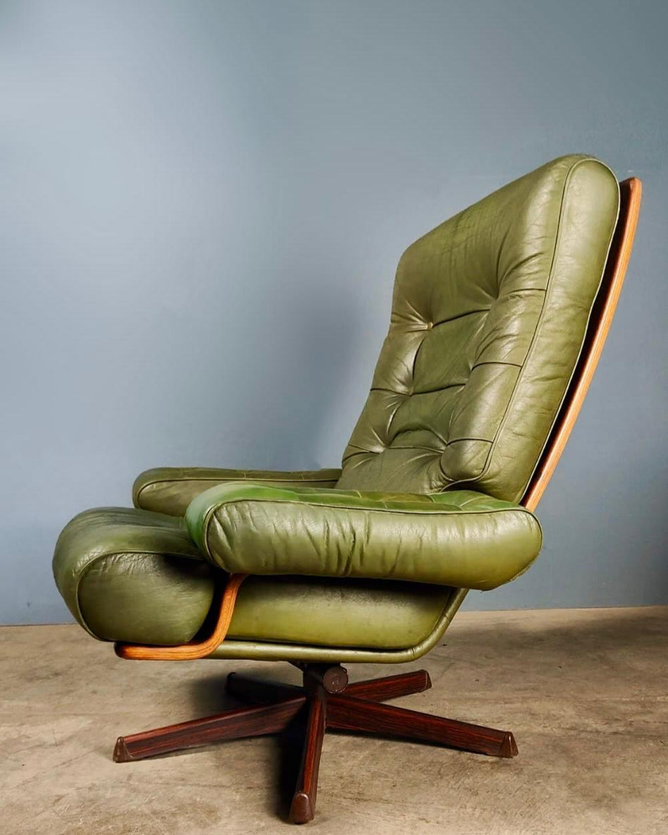 SOLD Mid Century Göte Möbler Green Leather Swivel Chair Lounge Armchair Vintage Retro MCM